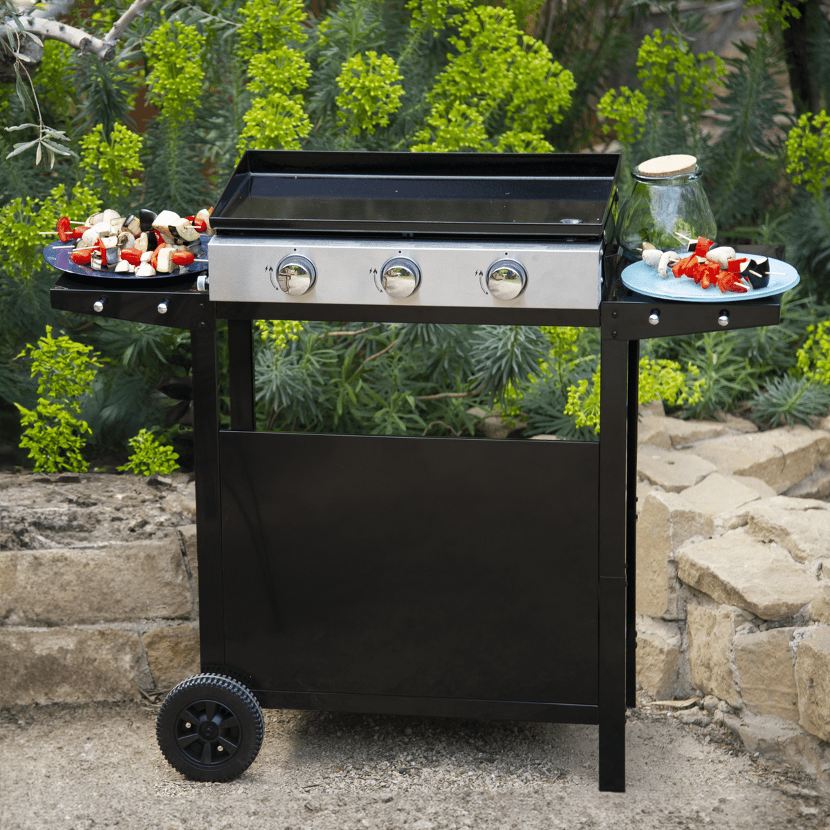 Plancha à gaz REVO Mérida – 3 brûleurs 6 kW avec chariot – Plaque en acier émaillé