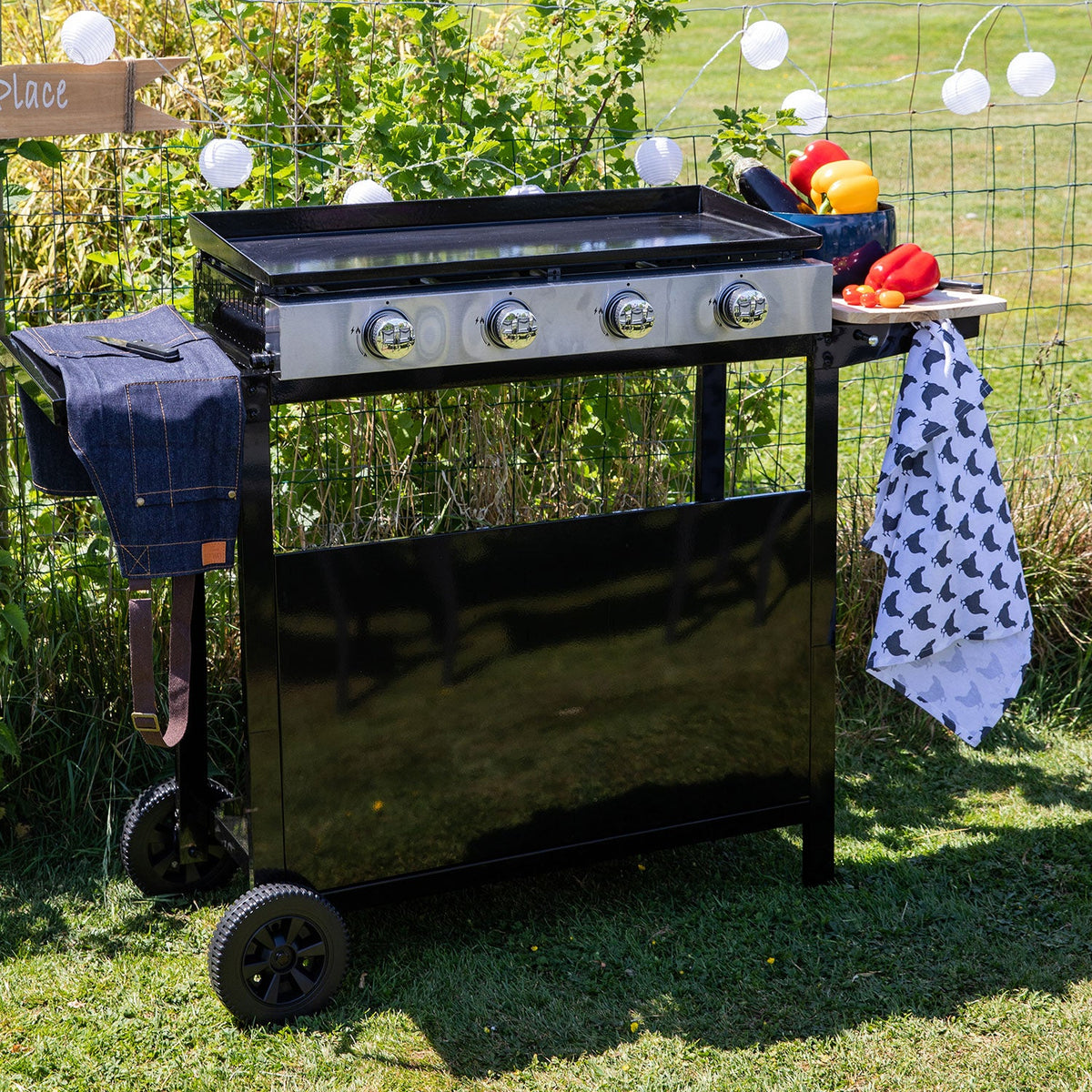 Plancha à gaz REVO Palma – 4 brûleurs 8 kW avec chariot à roulettes – Plaque en acier émaillé