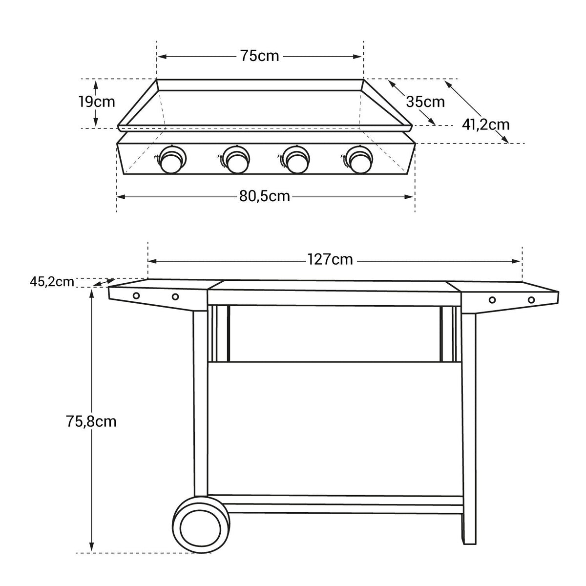 Plancha à gaz REVO Palma – 4 brûleurs 8 kW avec chariot à roulettes – Plaque en acier émaillé