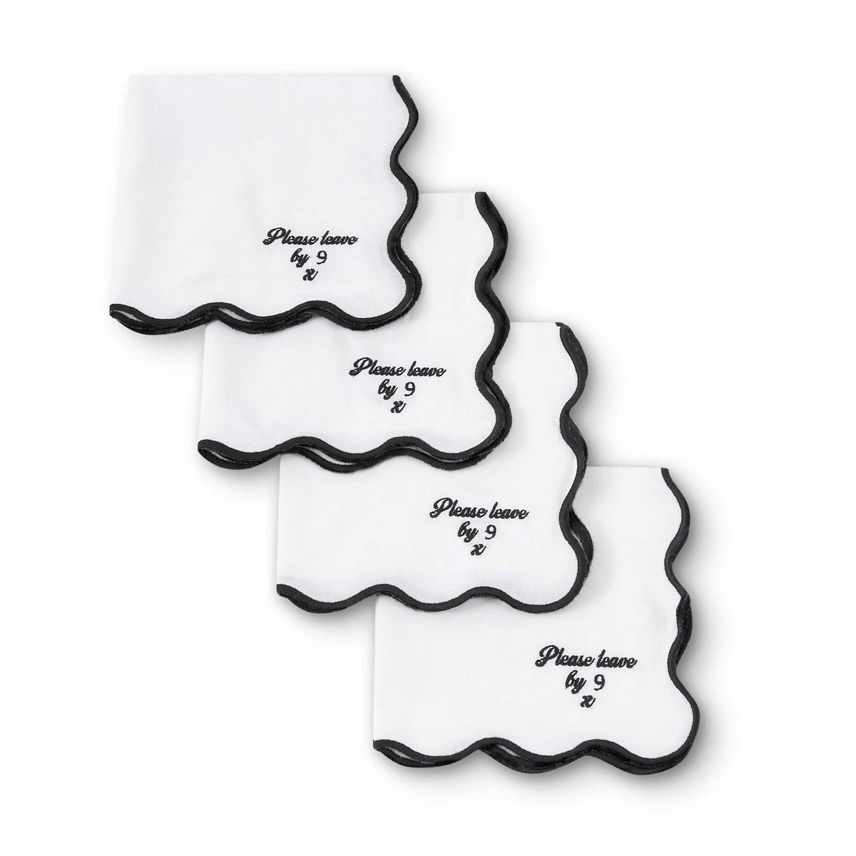 Dusklia - Please leave by 9 Scallop Edge Set of 4 Napkins - Off White/Black