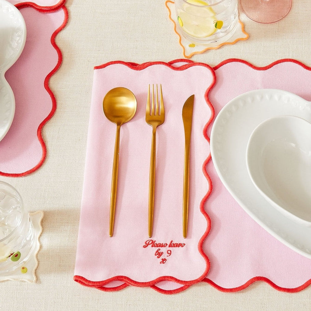 Dusklia - Please leave by 9 Scallop Edge Set of 4 Napkins - Pink/Red