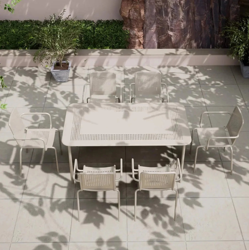 Dusklia - Porto Outdoor 6 Seater Rectangular Dining Table and Stacking Chairs - Champagne