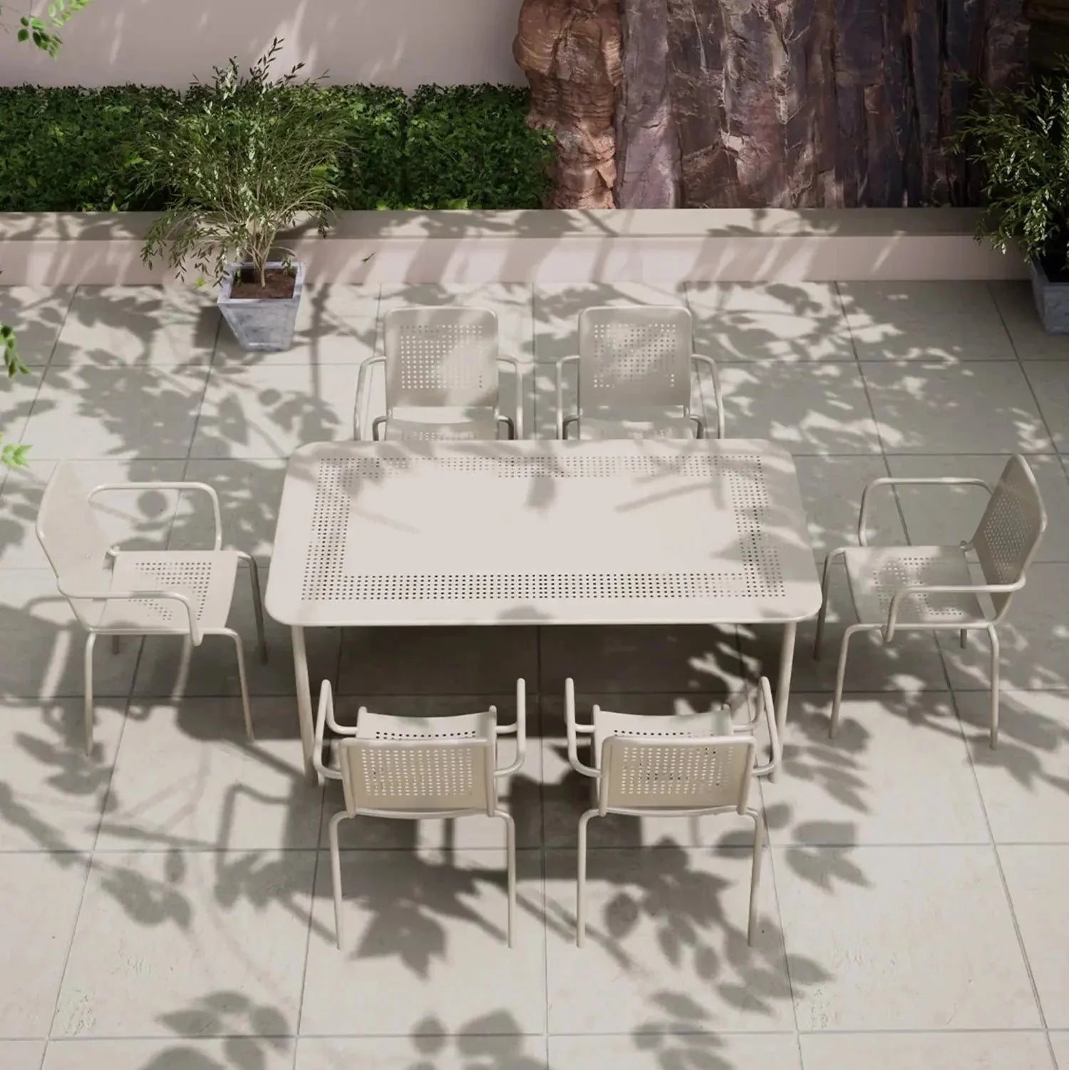 Dusklia - Porto Outdoor 6 Seater Rectangular Dining Table and Stacking Chairs - Champagne
