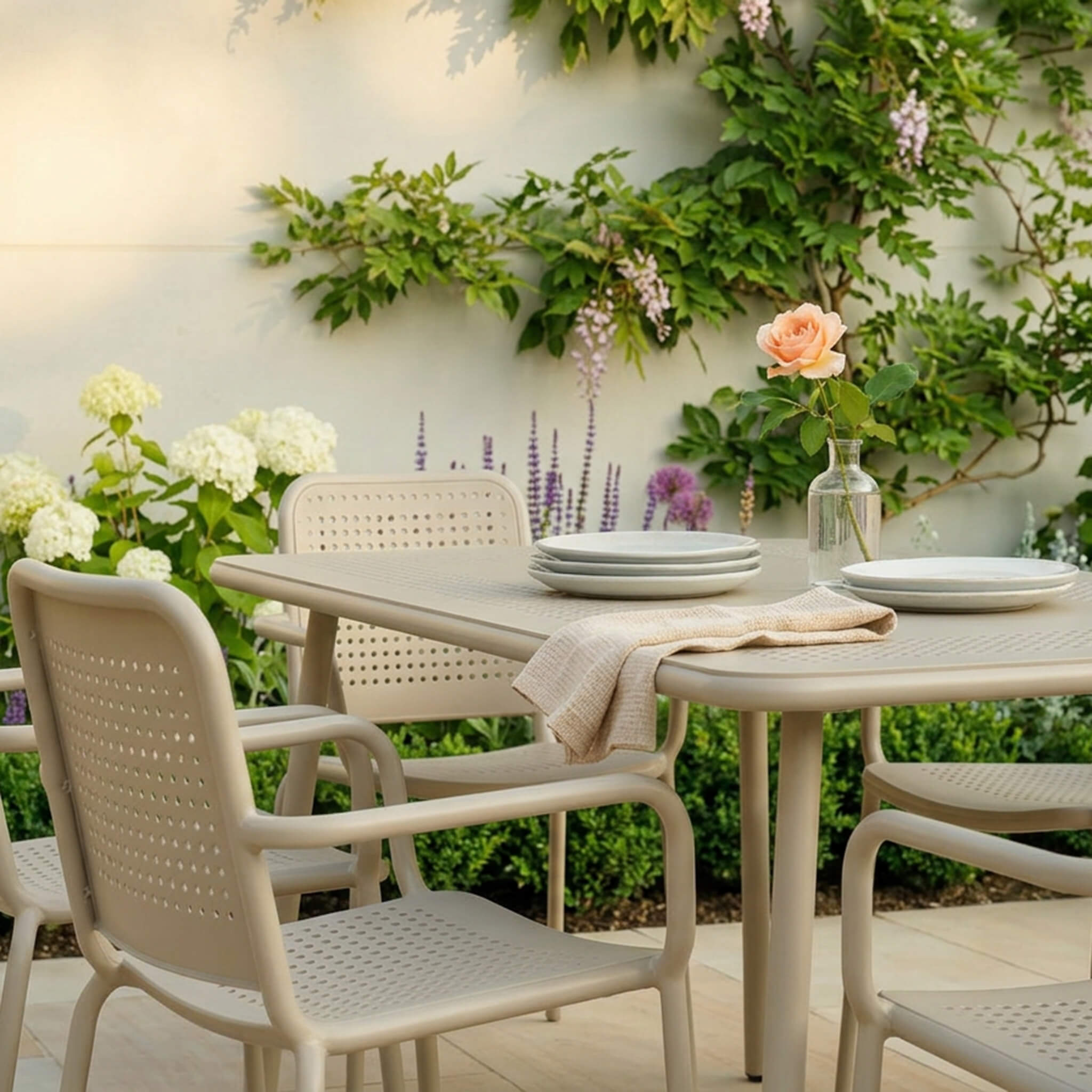 Dusklia - Porto Outdoor 6 Seater Rectangular Dining Table and Stacking Chairs - Champagne