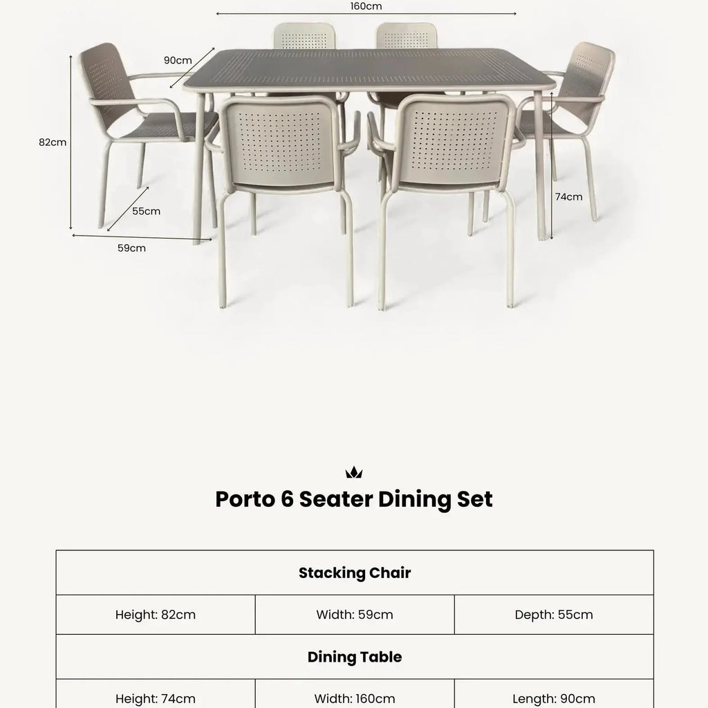 Dusklia - Porto Outdoor 6 Seater Rectangular Dining Table and Stacking Chairs - Champagne
