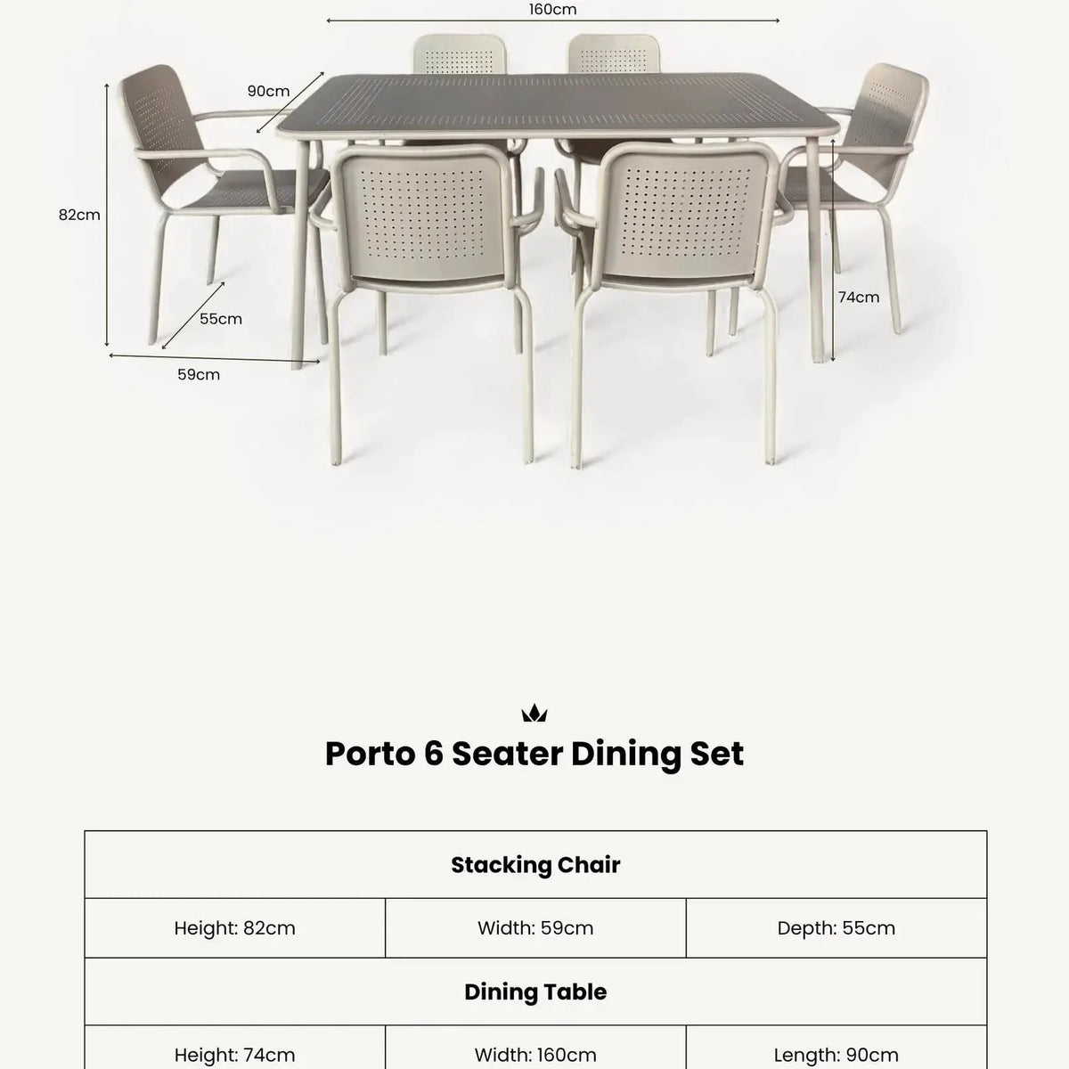 Dusklia - Porto Outdoor 6 Seater Rectangular Dining Table and Stacking Chairs - Champagne