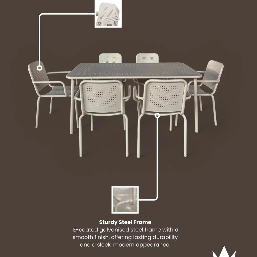 Dusklia - Porto Outdoor 6 Seater Rectangular Dining Table and Stacking Chairs - Champagne