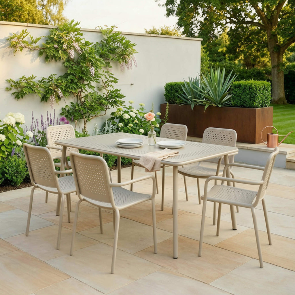 Dusklia - Porto Outdoor 6 Seater Rectangular Dining Table and Stacking Chairs - Champagne