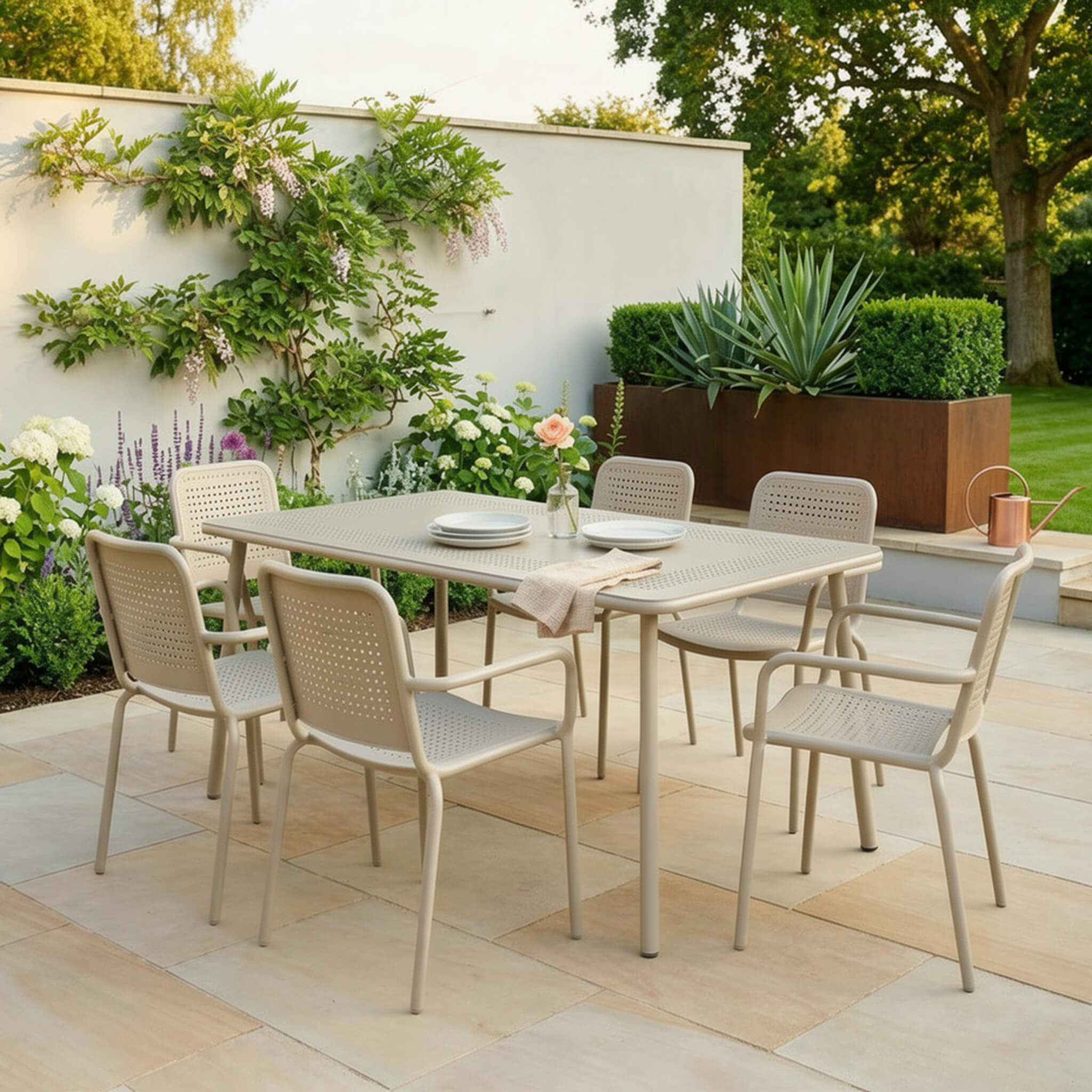 Dusklia - Porto Outdoor 6 Seater Rectangular Dining Table and Stacking Chairs - Champagne