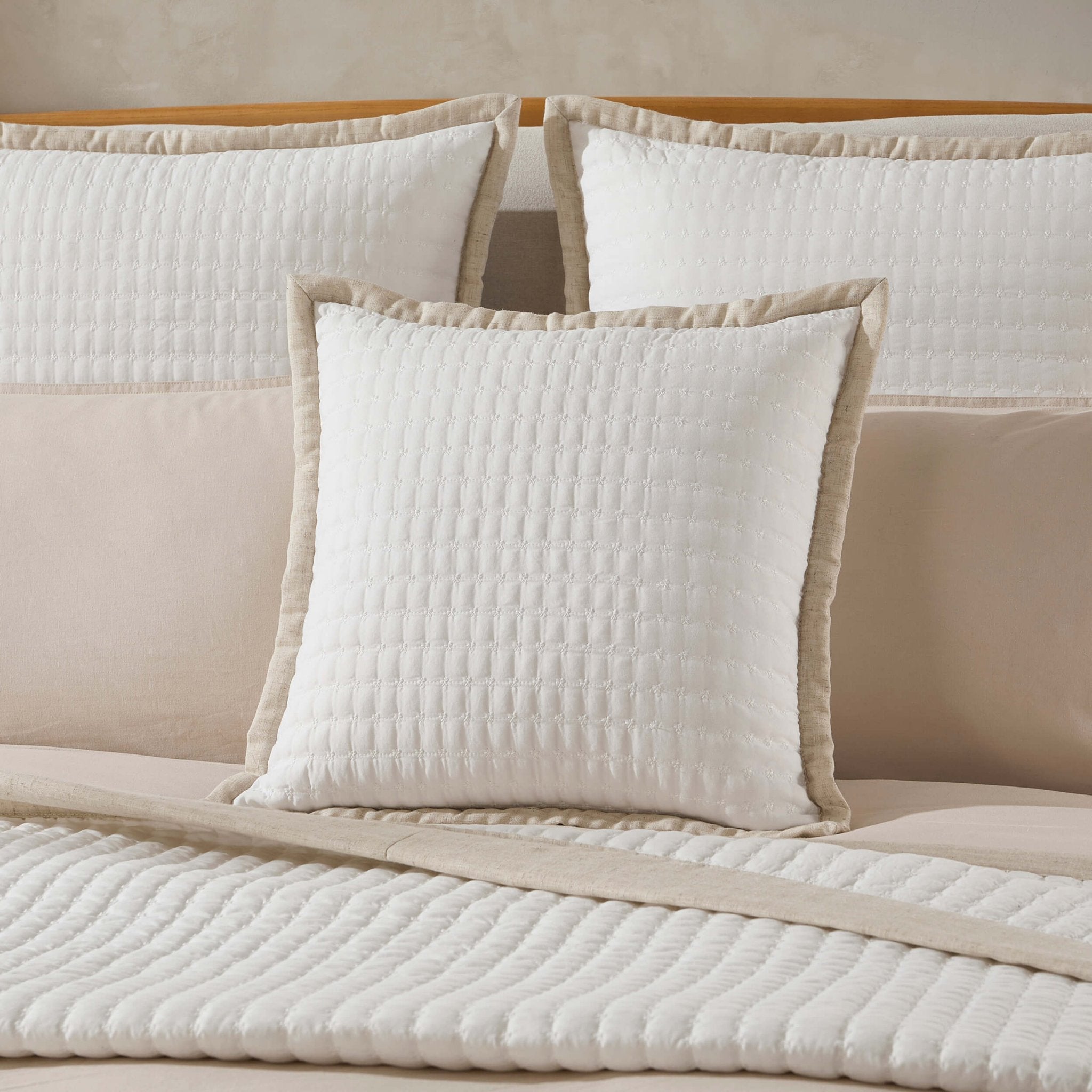 Dusklia - Portobello Embroidered Linen Edge Cushion Cover - White/Natural
