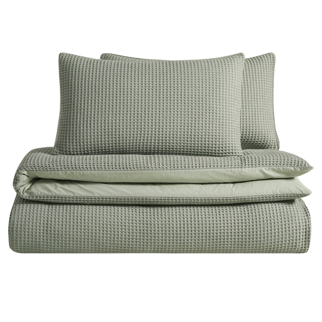 Dusklia - Portofino Waffle 100% Cotton Duvet Cover 200 Thread Count - Sage Green