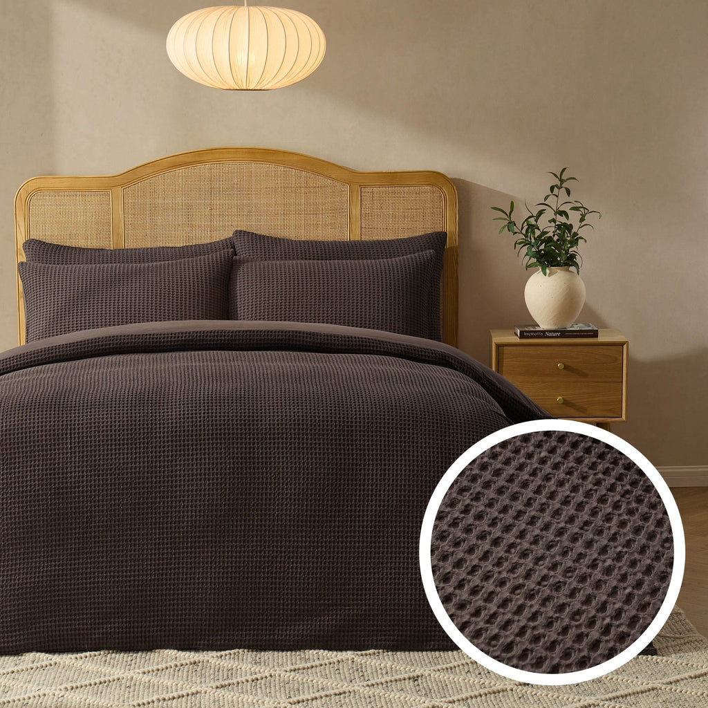 Dusklia - Portofino Waffle 100% Cotton Duvet Cover 200 Thread Count - Chocolate