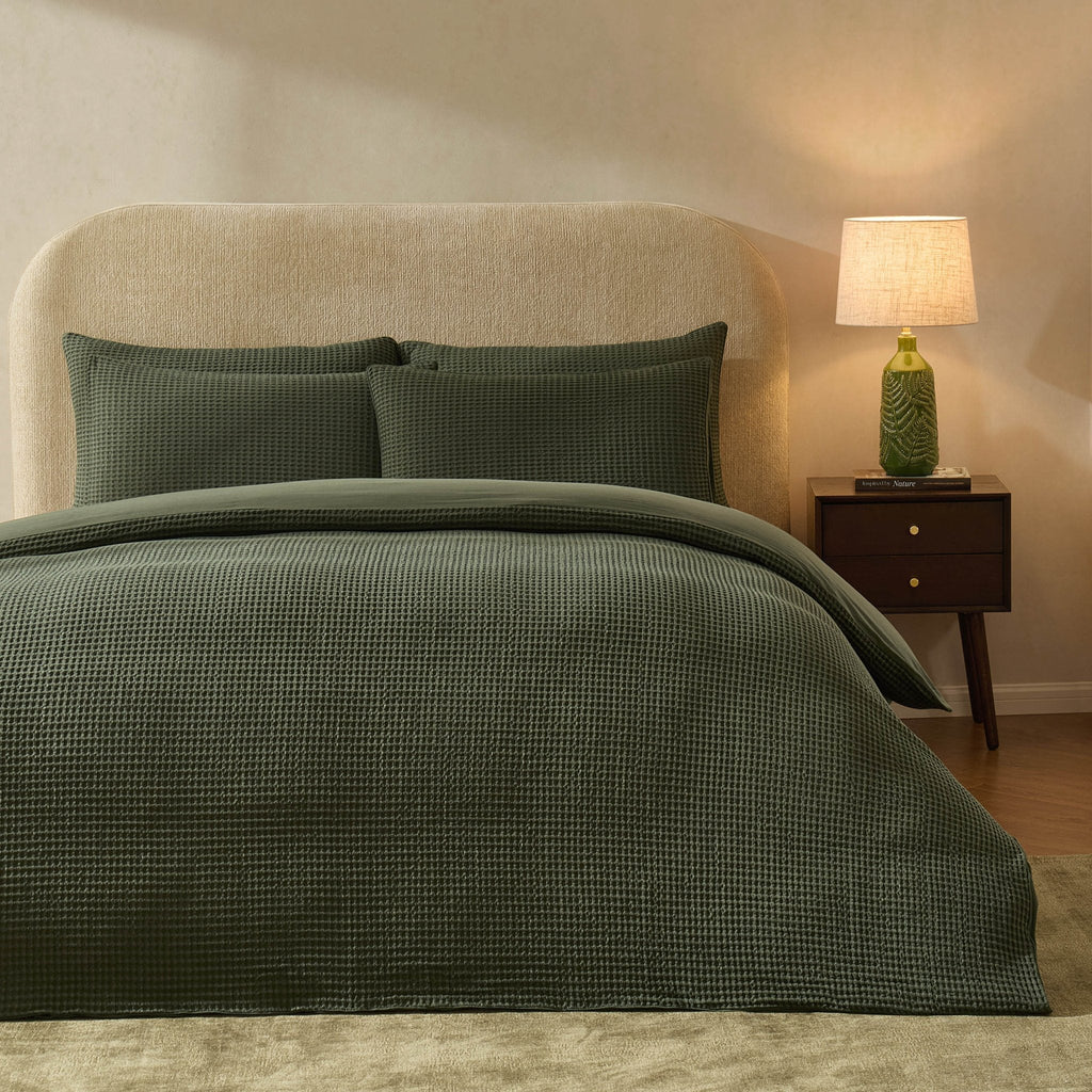 Dusklia - Portofino Waffle 100% Cotton Duvet Cover 200 Thread Count - Forest Green