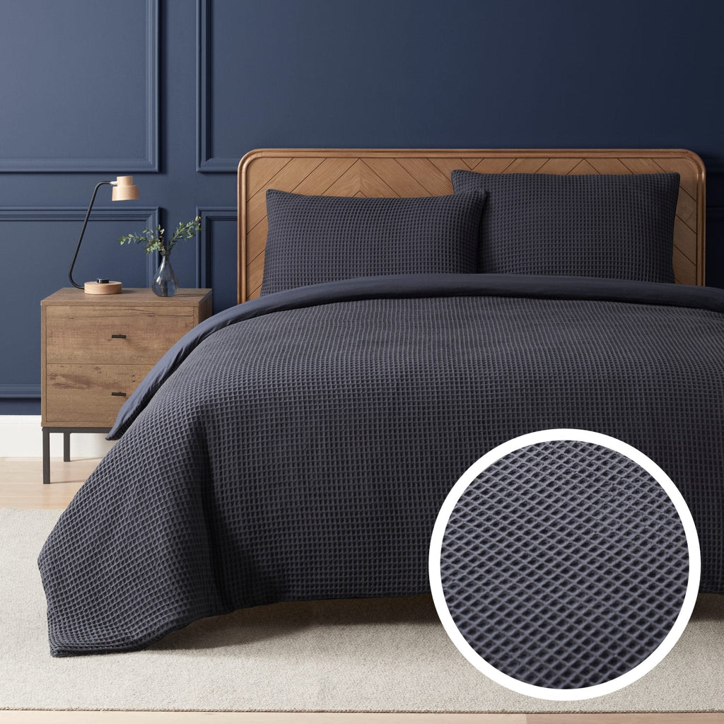 Dusklia - Portofino Waffle 100% Cotton Duvet Cover 200 Thread Count - Midnight Navy
