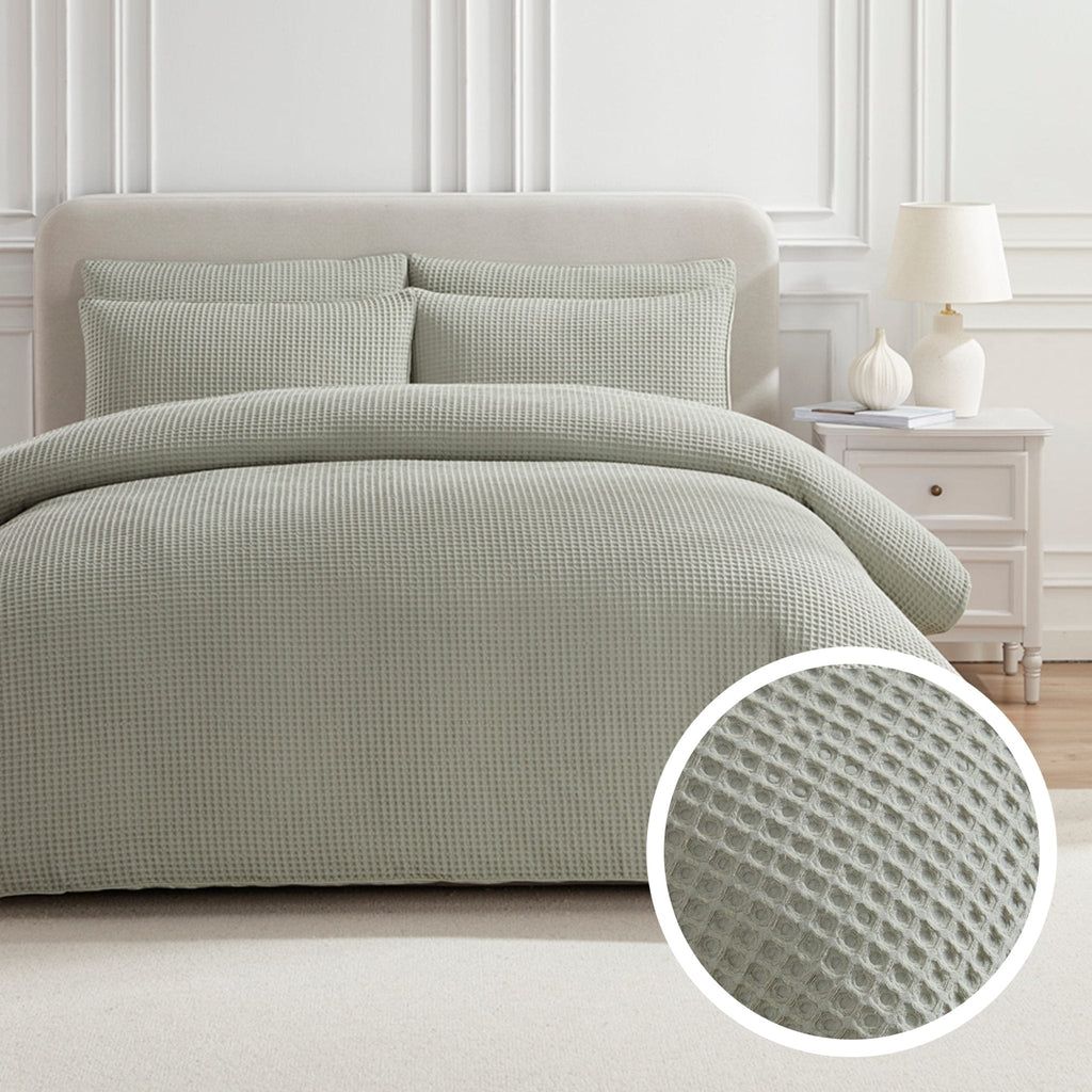 Dusklia - Portofino Waffle 100% Cotton Duvet Cover 200 Thread Count - Sage Green