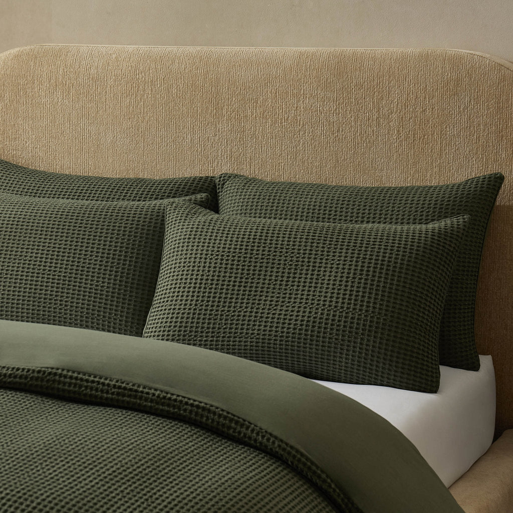 Dusklia - Portofino Waffle 100% Cotton Pair of Pillowcases 200 Thread Count - Forest Green
