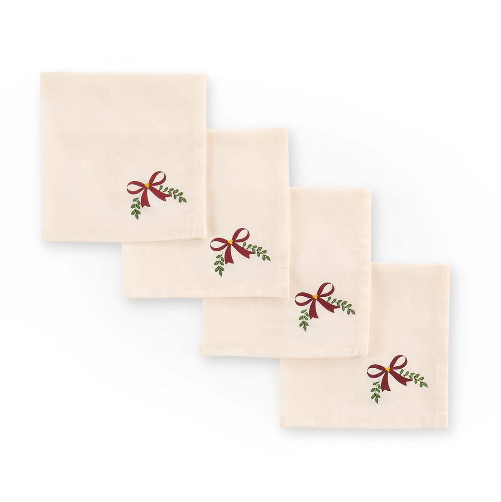 Lot de 4 serviettes de Noël en coton imprimé nœud - Rouge