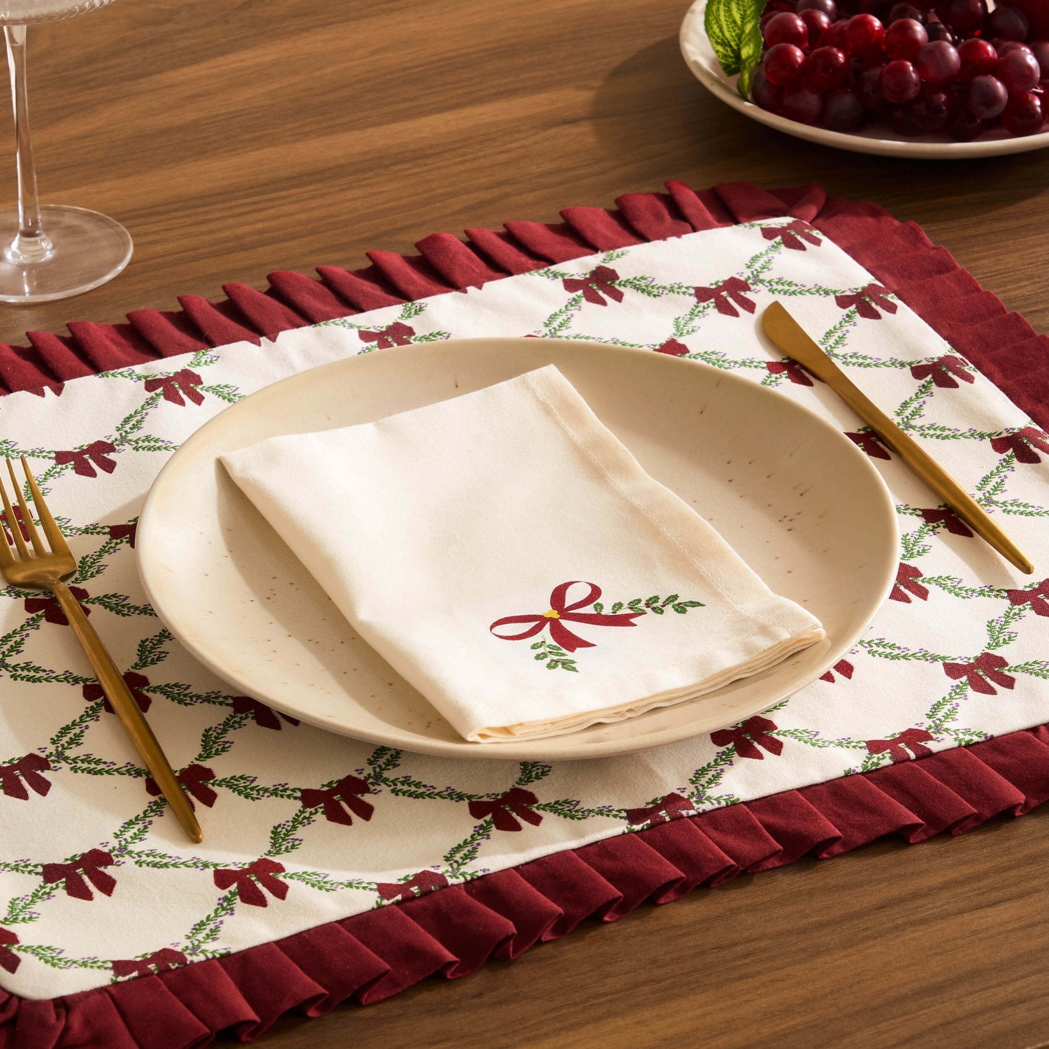 Lot de 4 serviettes de Noël en coton imprimé nœud - Rouge