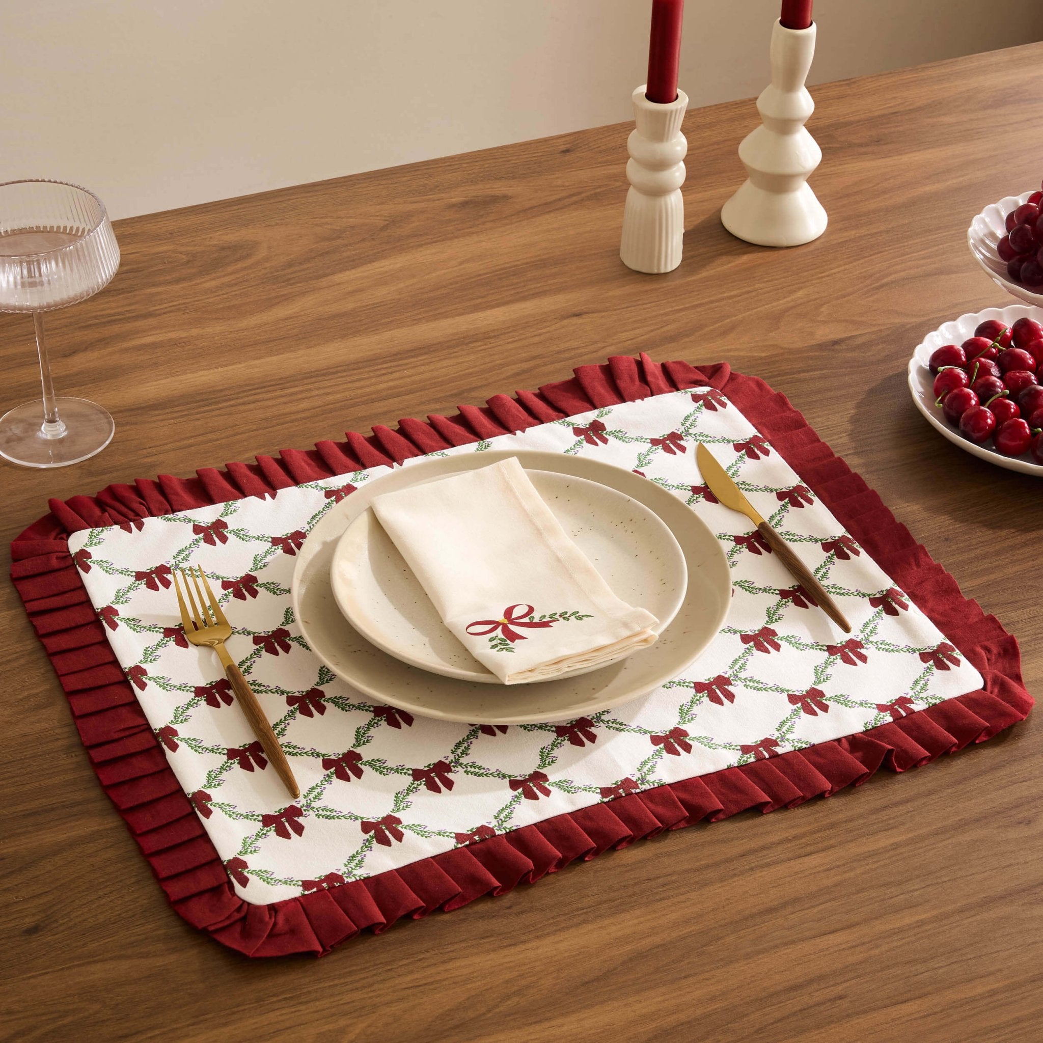 Sets de table de Noël 100 % coton avec nœud imprimé, lot de 4 - Rouge