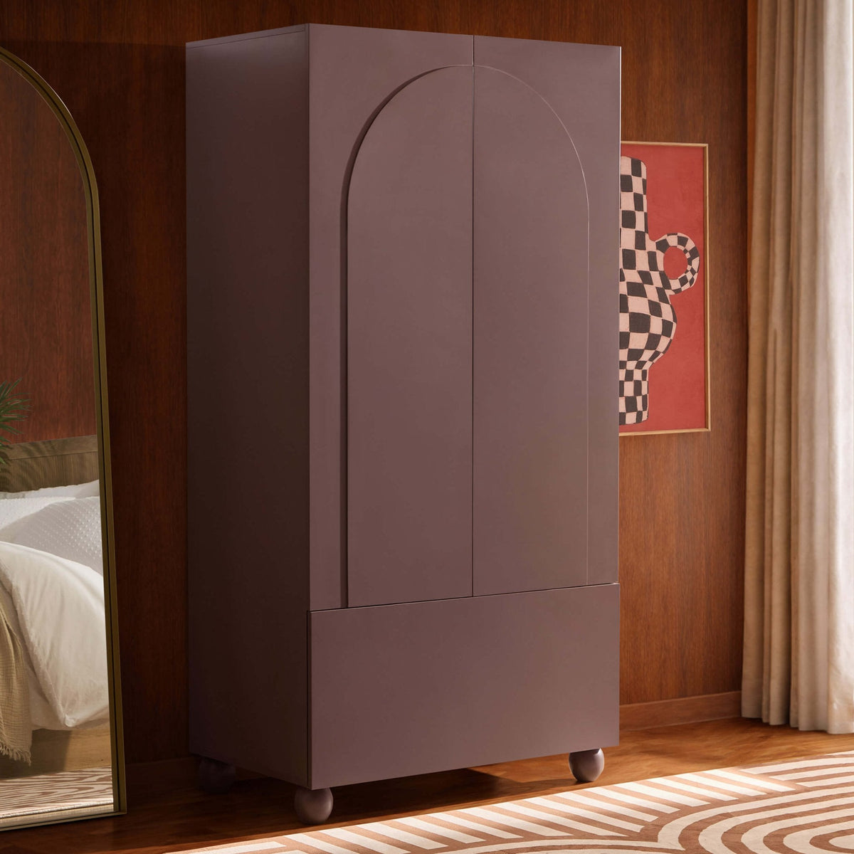 Dusklia - Rachel Arch Front 2 Door Wardrobe with Drawer - Mocha