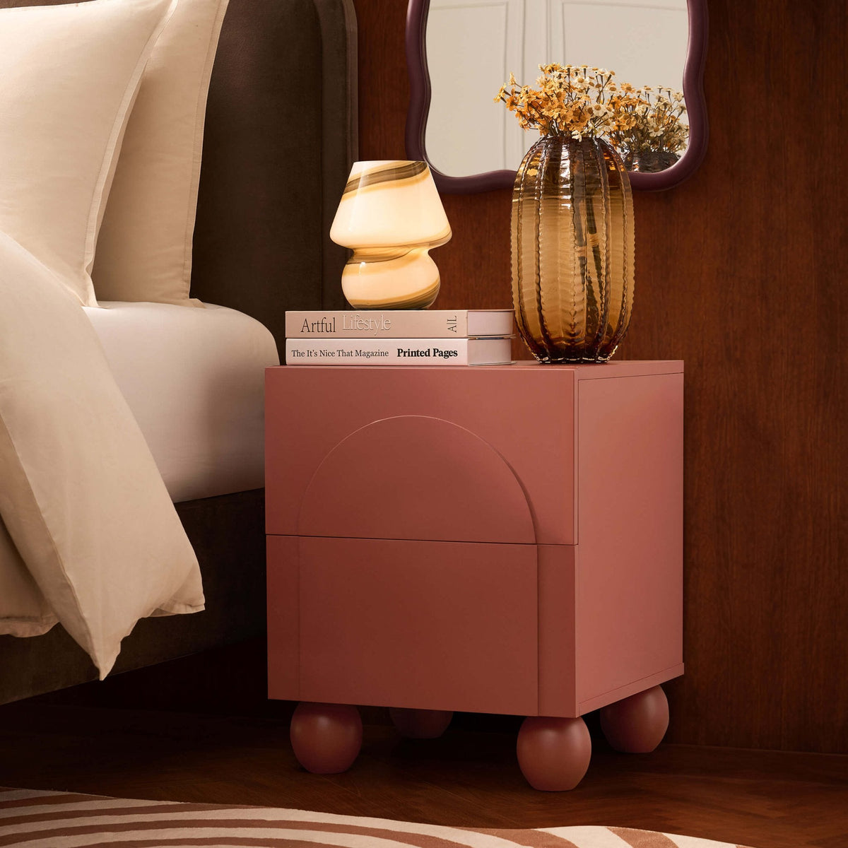 Dusklia - Rachel Arch Front 2 Drawer Bedside Table - Terracotta
