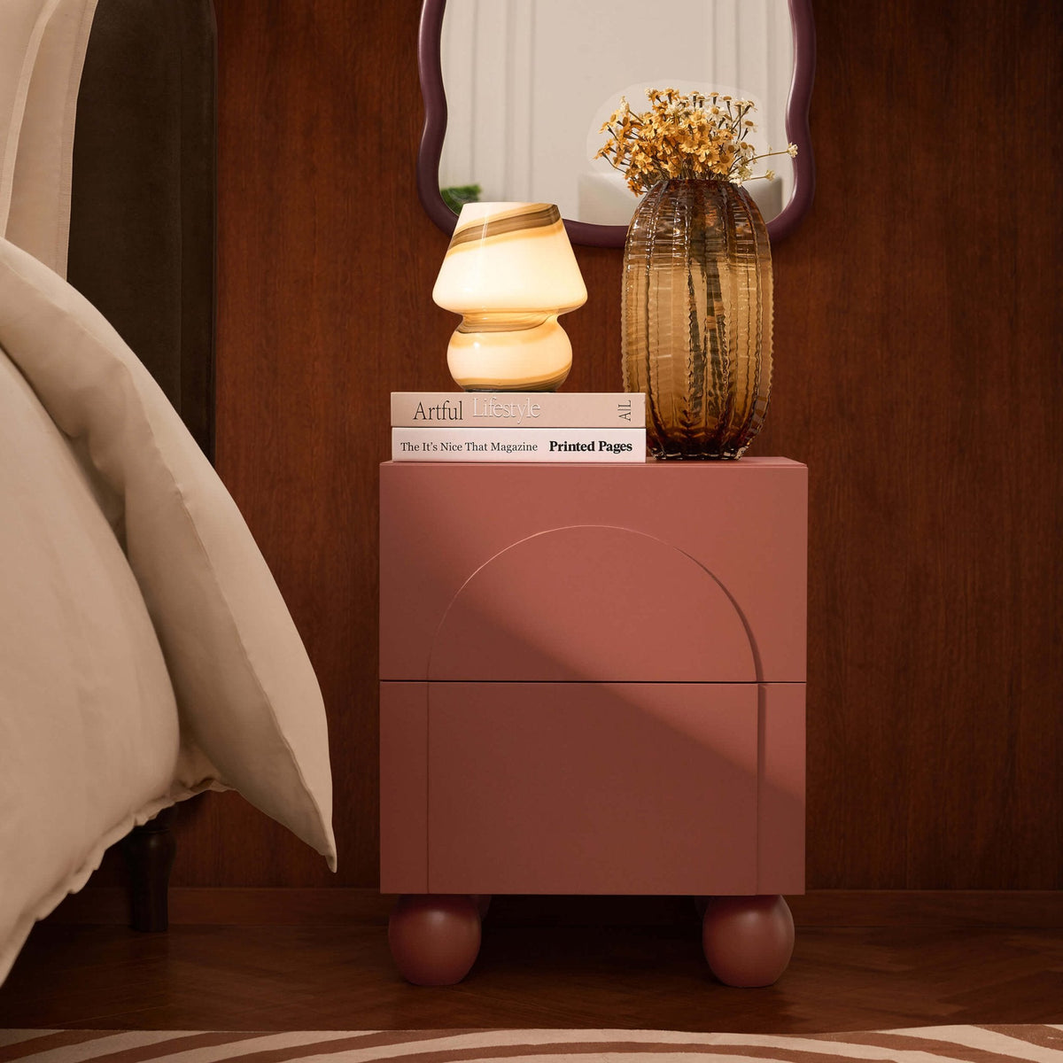 Dusklia - Rachel Arch Front 2 Drawer Bedside Table - Terracotta