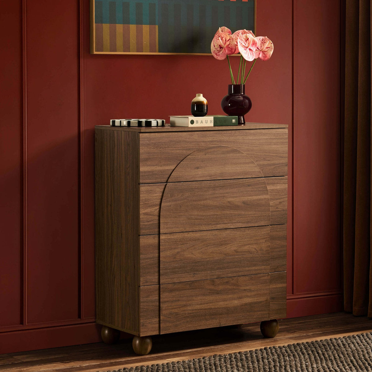 Dusklia - Rachel Arch Front 4 Drawer Chest - Medium Wood