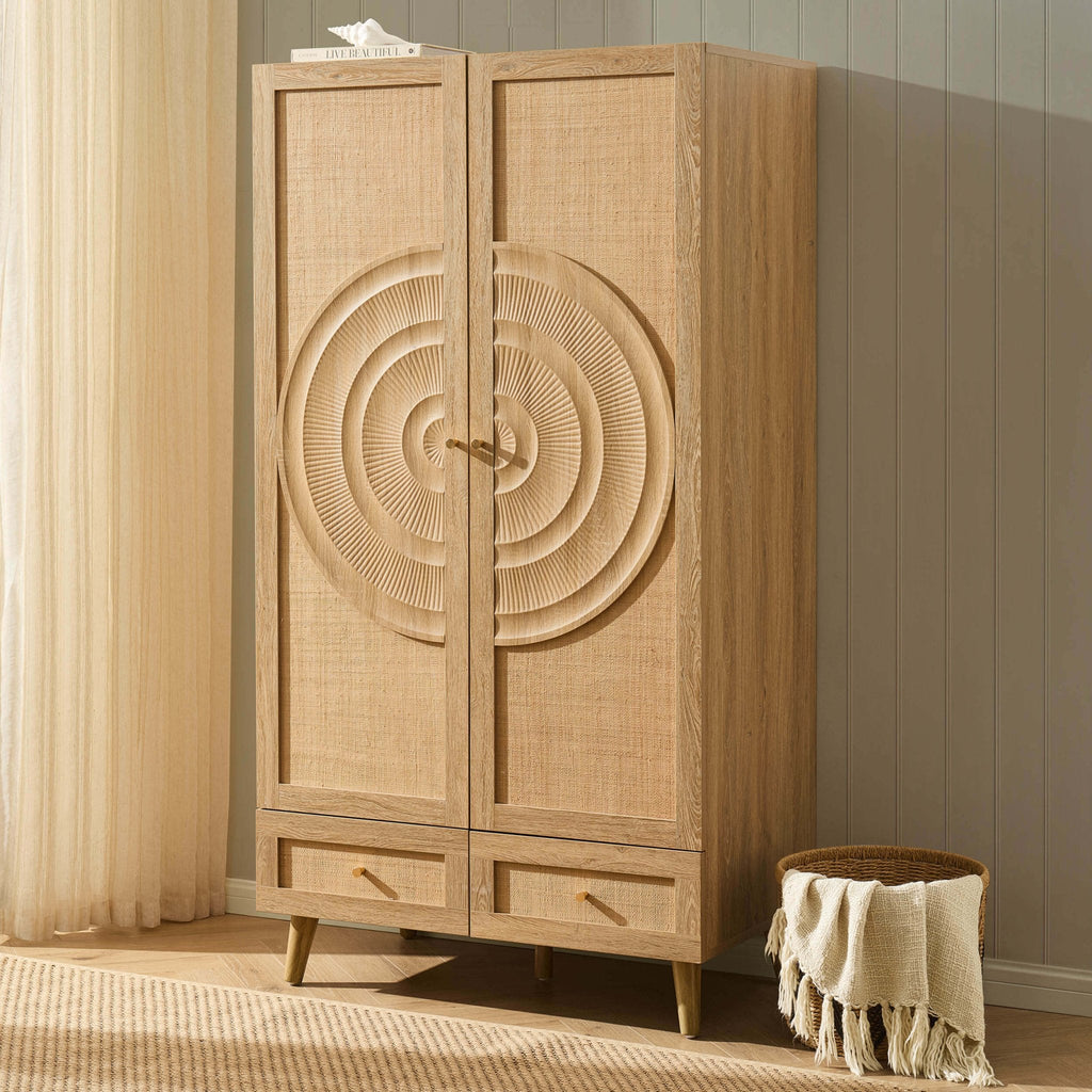 Dusklia - Raven Rattan 2 Door Wardrobe with Drawers - Light Wood
