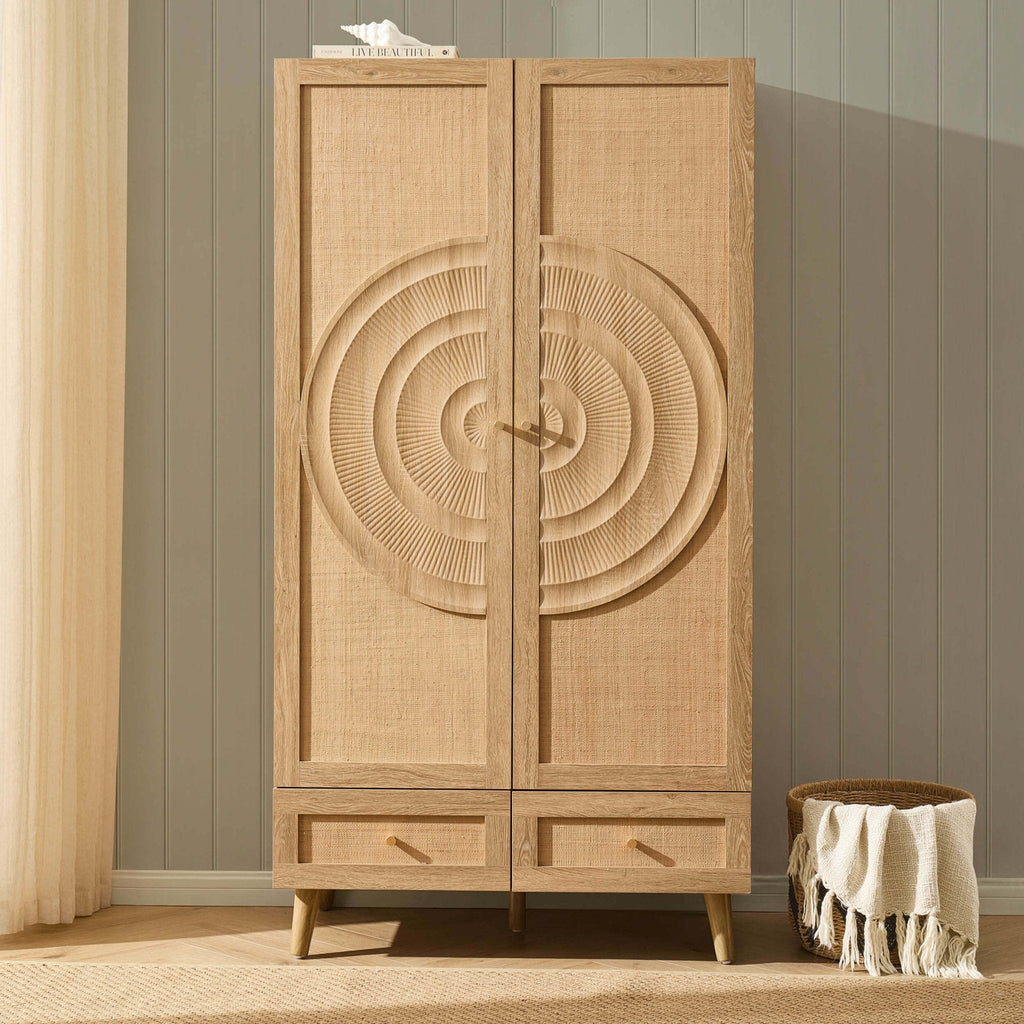 Dusklia - Raven Rattan 2 Door Wardrobe with Drawers - Light Wood