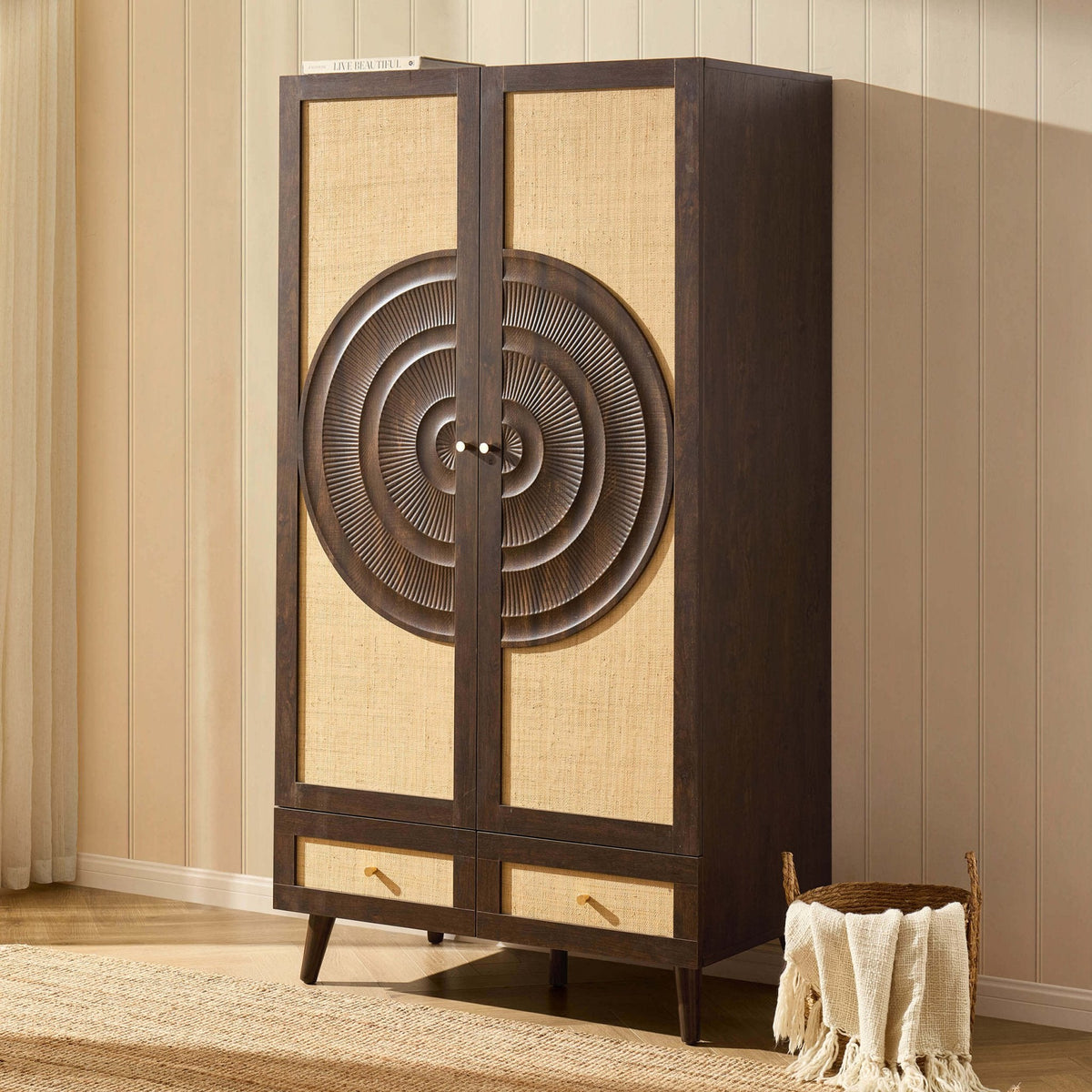 Dusklia - Raven Rattan 2 Door Wardrobe with Drawers - Walnut