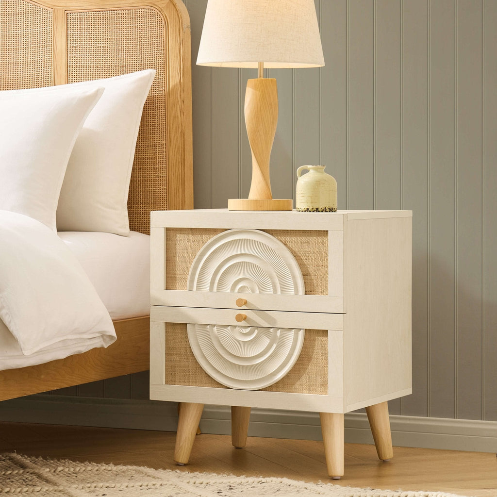 Dusklia - Raven Rattan 2 Drawer Bedside Table - Cream Oak Effect