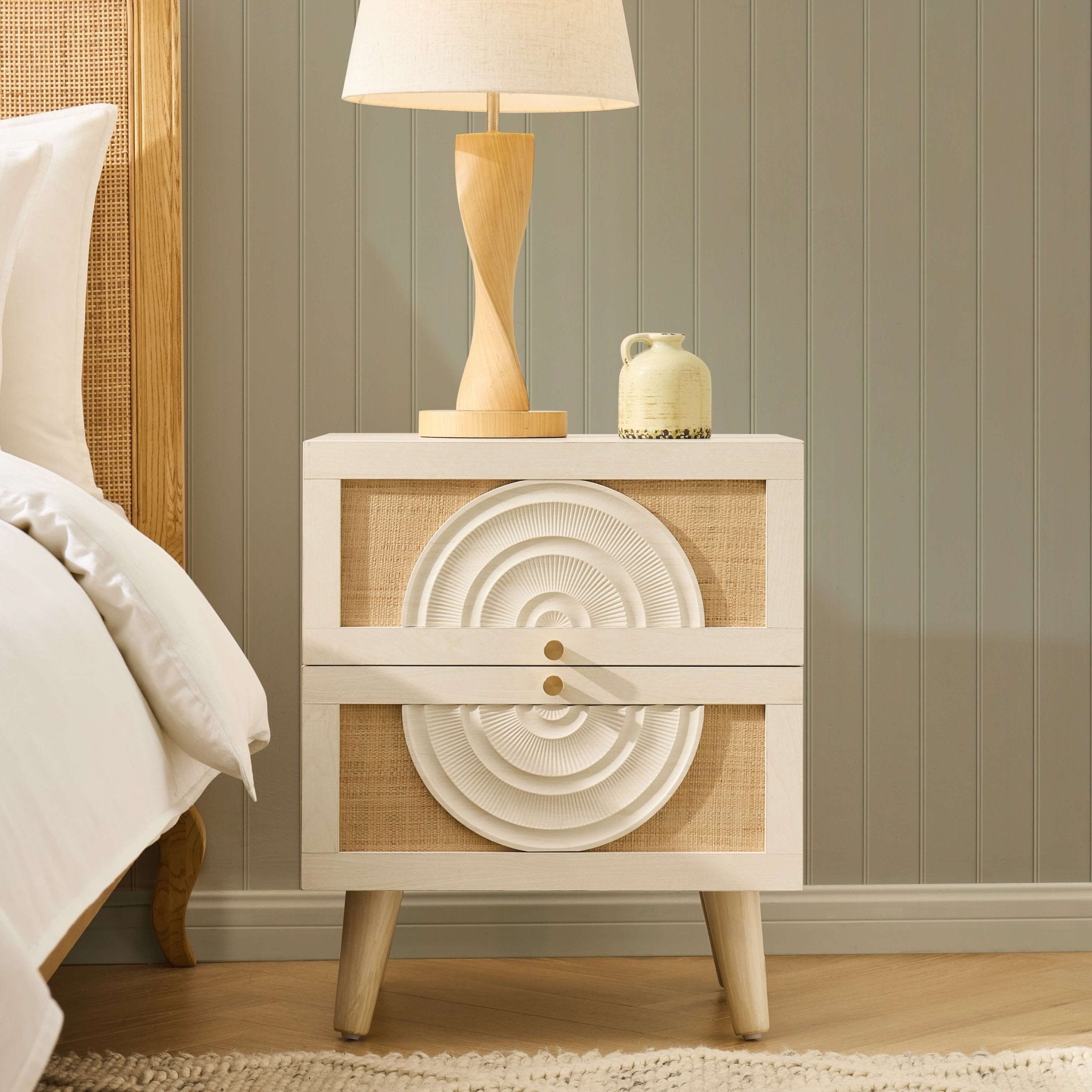 Dusklia - Raven Rattan 2 Drawer Bedside Table - Cream Oak Effect