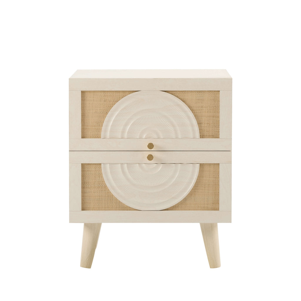 Dusklia - Raven Rattan 2 Drawer Bedside Table - Cream Oak Effect