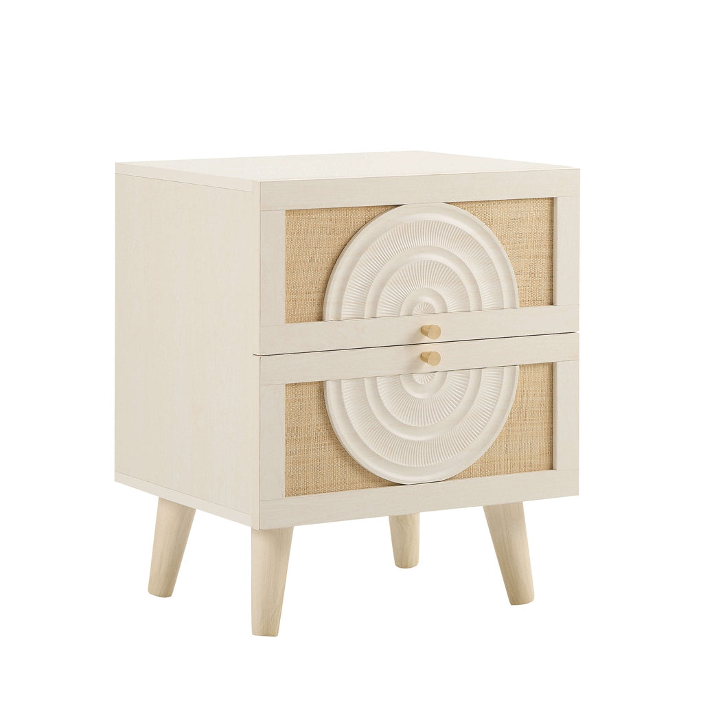 Dusklia - Raven Rattan 2 Drawer Bedside Table - Cream Oak Effect