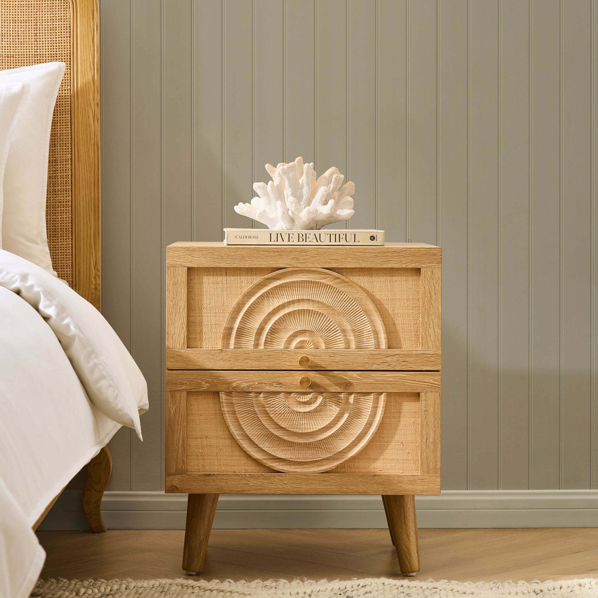 Dusklia - Raven Rattan 2 Drawer Bedside Table - Light Wood