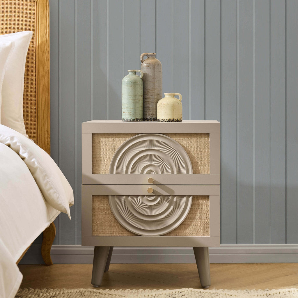Dusklia - Raven Rattan 2 Drawer Bedside Table - Taupe