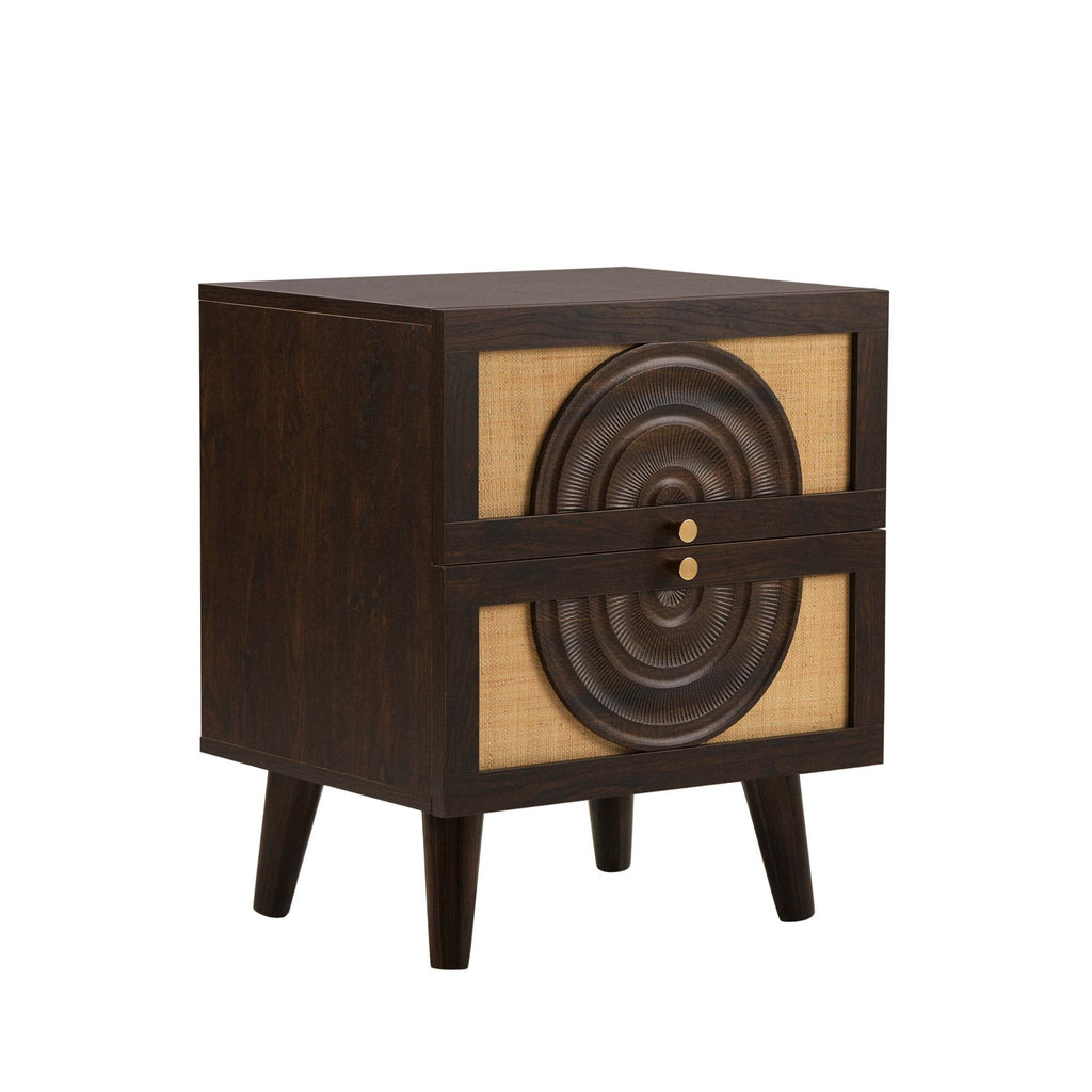 Dusklia - Raven Rattan 2 Drawer Bedside Table - Walnut