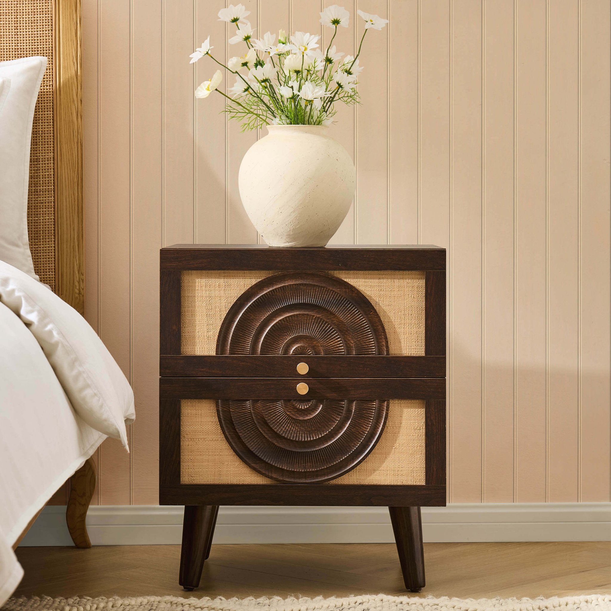 Dusklia - Raven Rattan 2 Drawer Bedside Table - Walnut