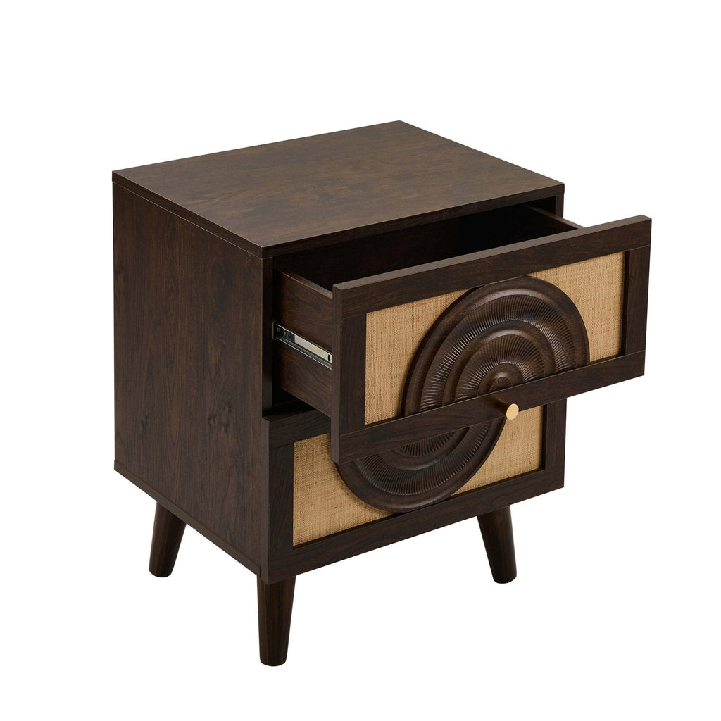 Dusklia - Raven Rattan 2 Drawer Bedside Table - Walnut