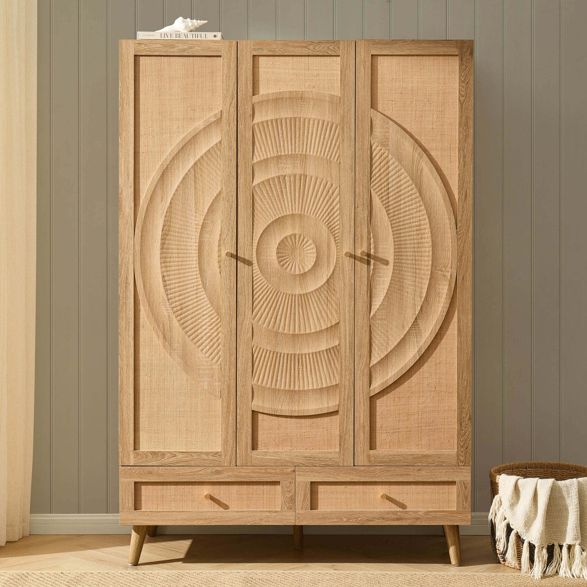 Dusklia - Raven Rattan 3 Door Wardrobe with Drawers - Light Wood