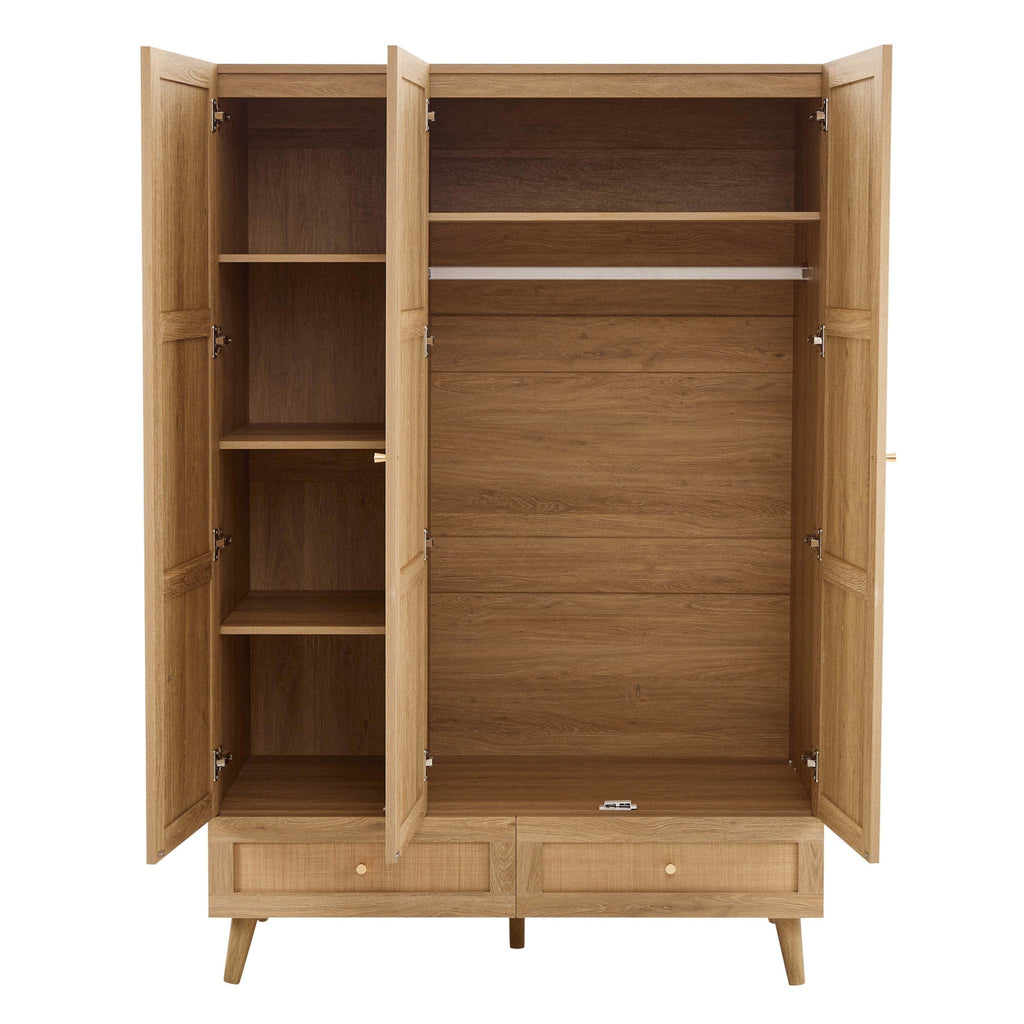 Dusklia - Raven Rattan 3 Door Wardrobe with Drawers - Light Wood