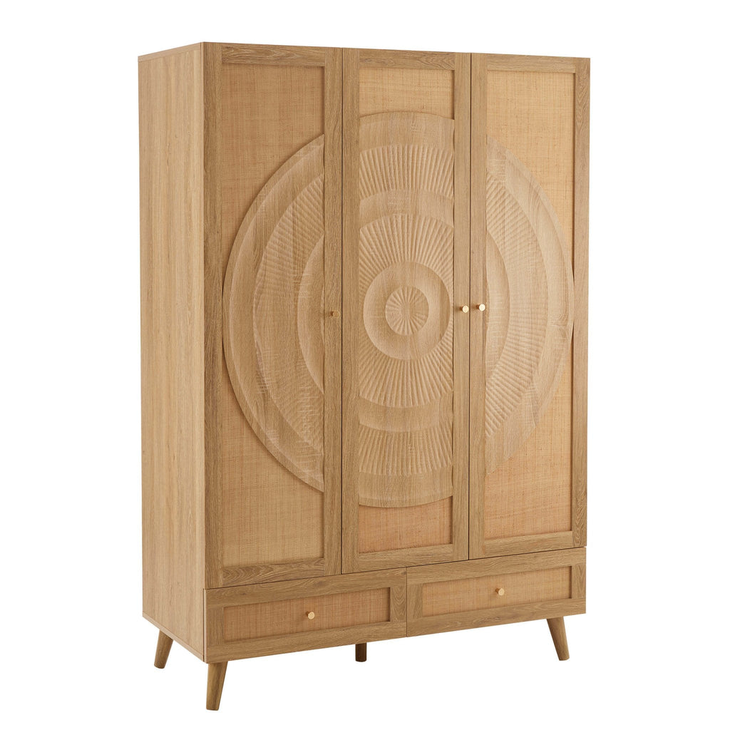 Dusklia - Raven Rattan 3 Door Wardrobe with Drawers - Light Wood