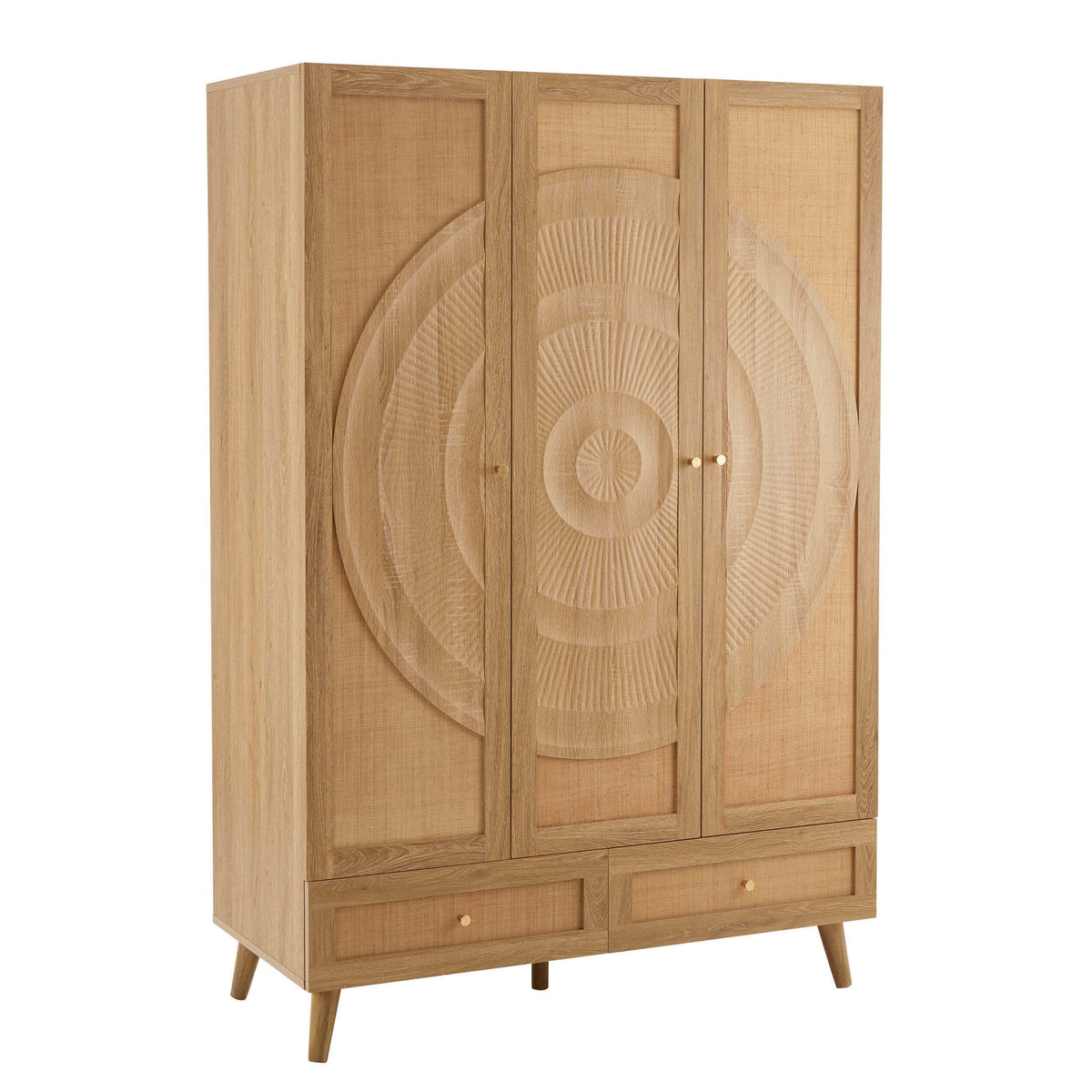 Dusklia - Raven Rattan 3 Door Wardrobe with Drawers - Light Wood