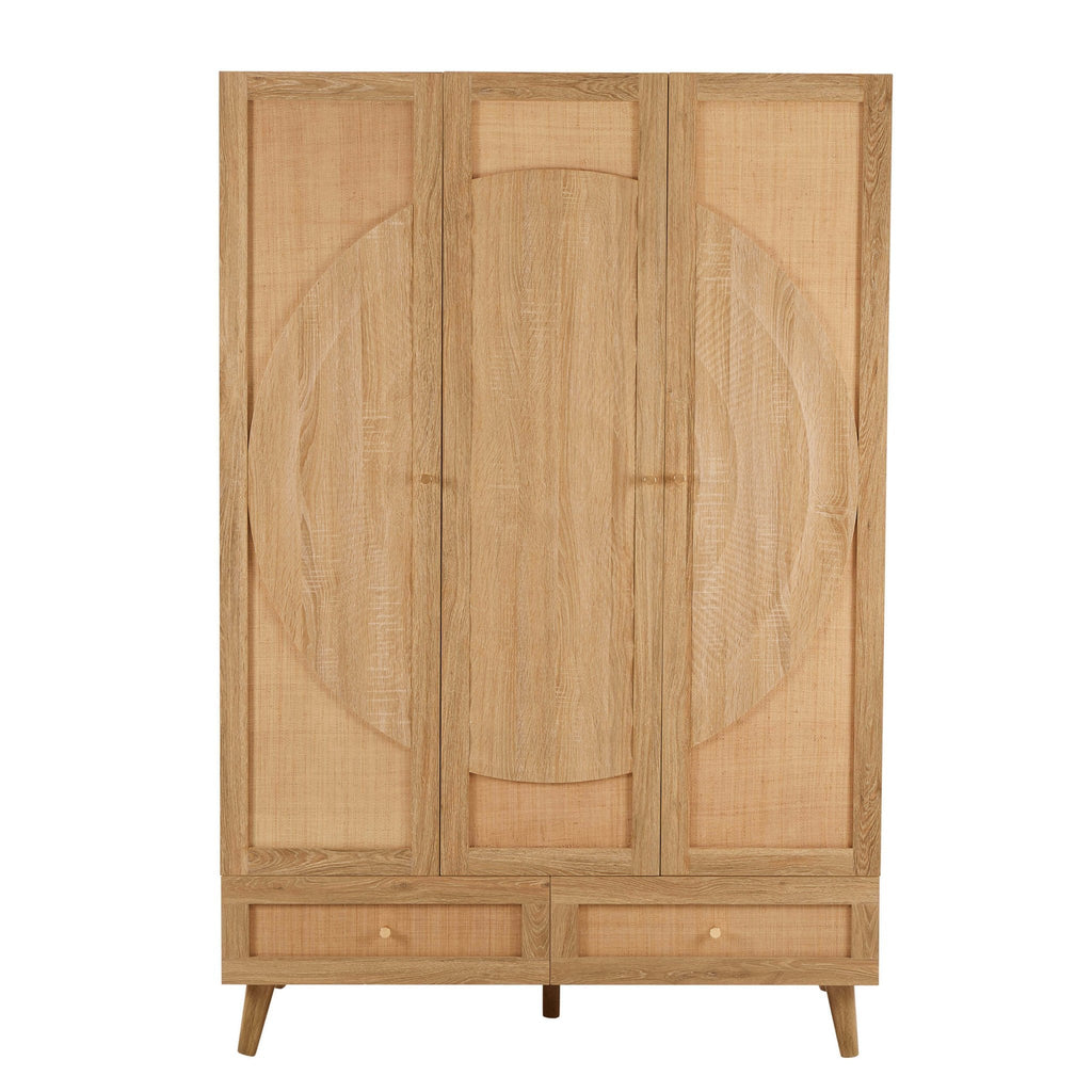 Dusklia - Raven Rattan 3 Door Wardrobe with Drawers - Light Wood