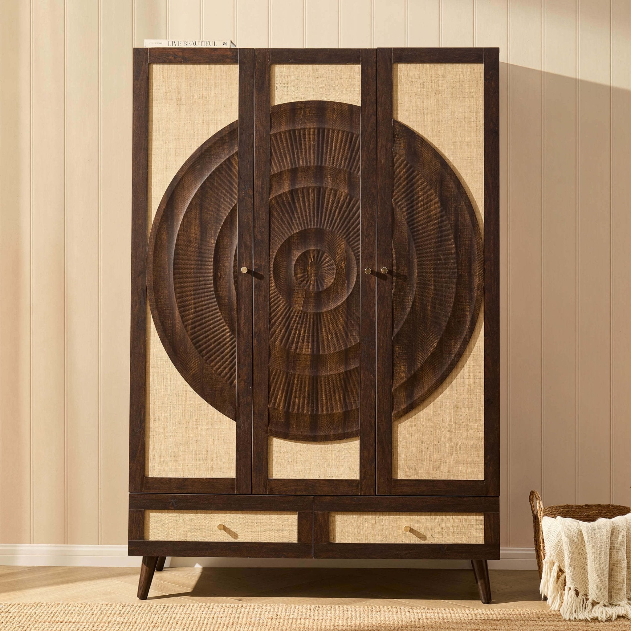 Dusklia - Raven Rattan 3 Door Wardrobe with Drawers - Walnut