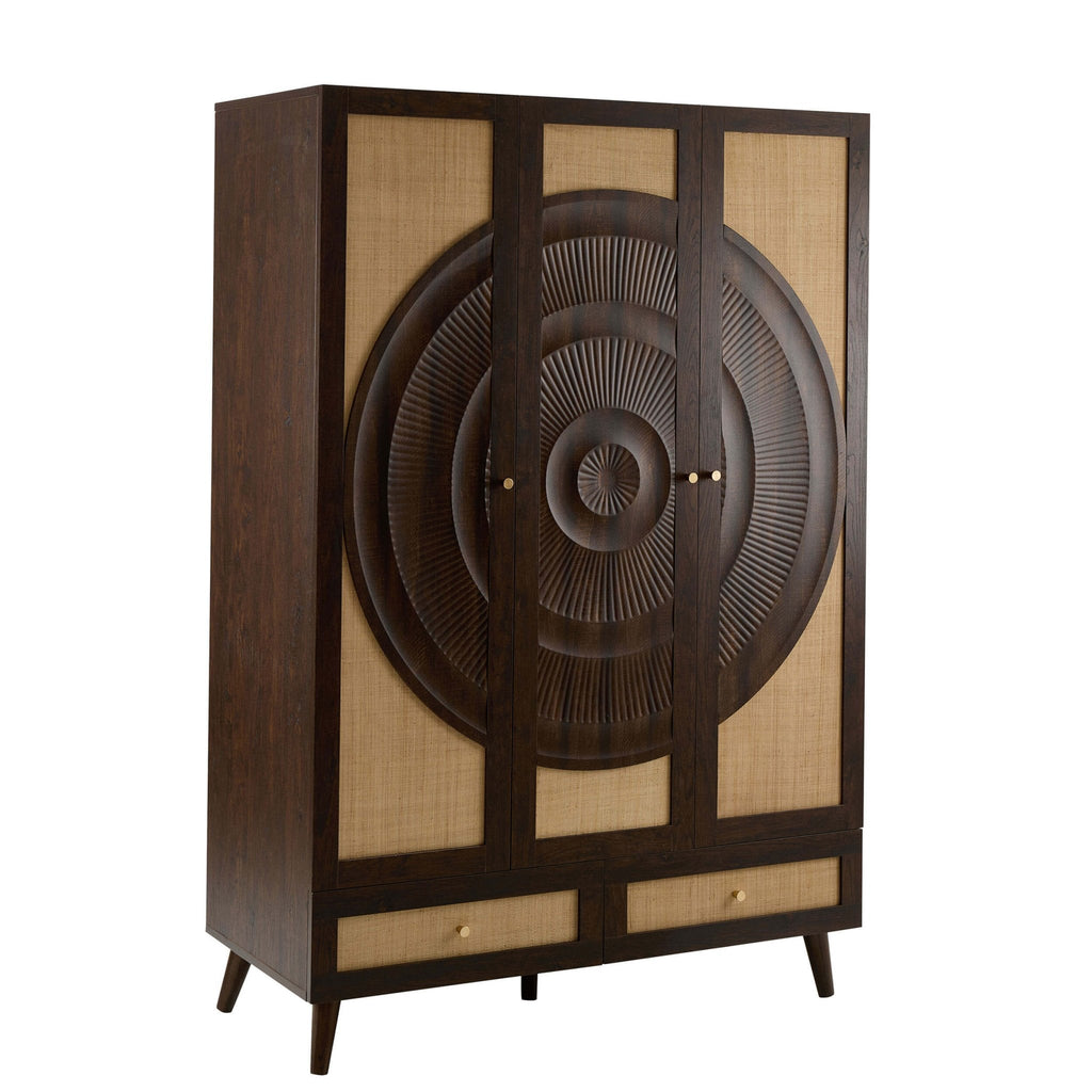 Dusklia - Raven Rattan 3 Door Wardrobe with Drawers - Walnut