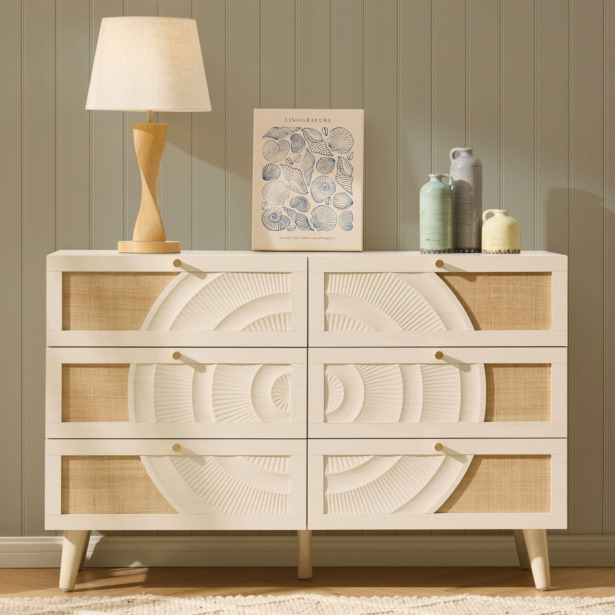Dusklia - Raven Rattan 6 Drawer Chest - Cream Oak Effect
