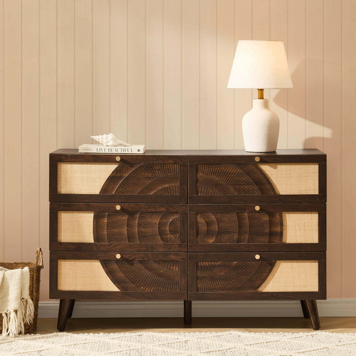 Dusklia - Raven Rattan 6 Drawer Chest - Walnut