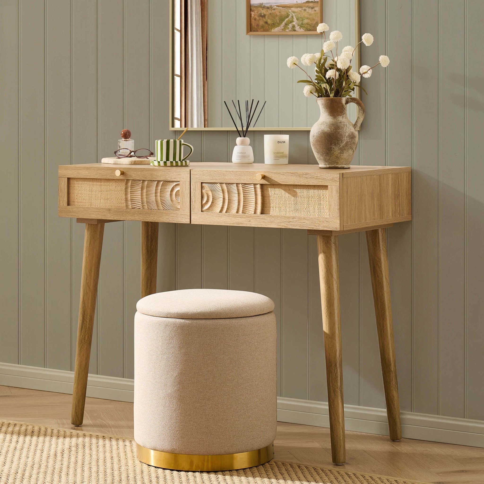 Dusklia - Raven Rattan Dressing Table with Drawers - Light Wood