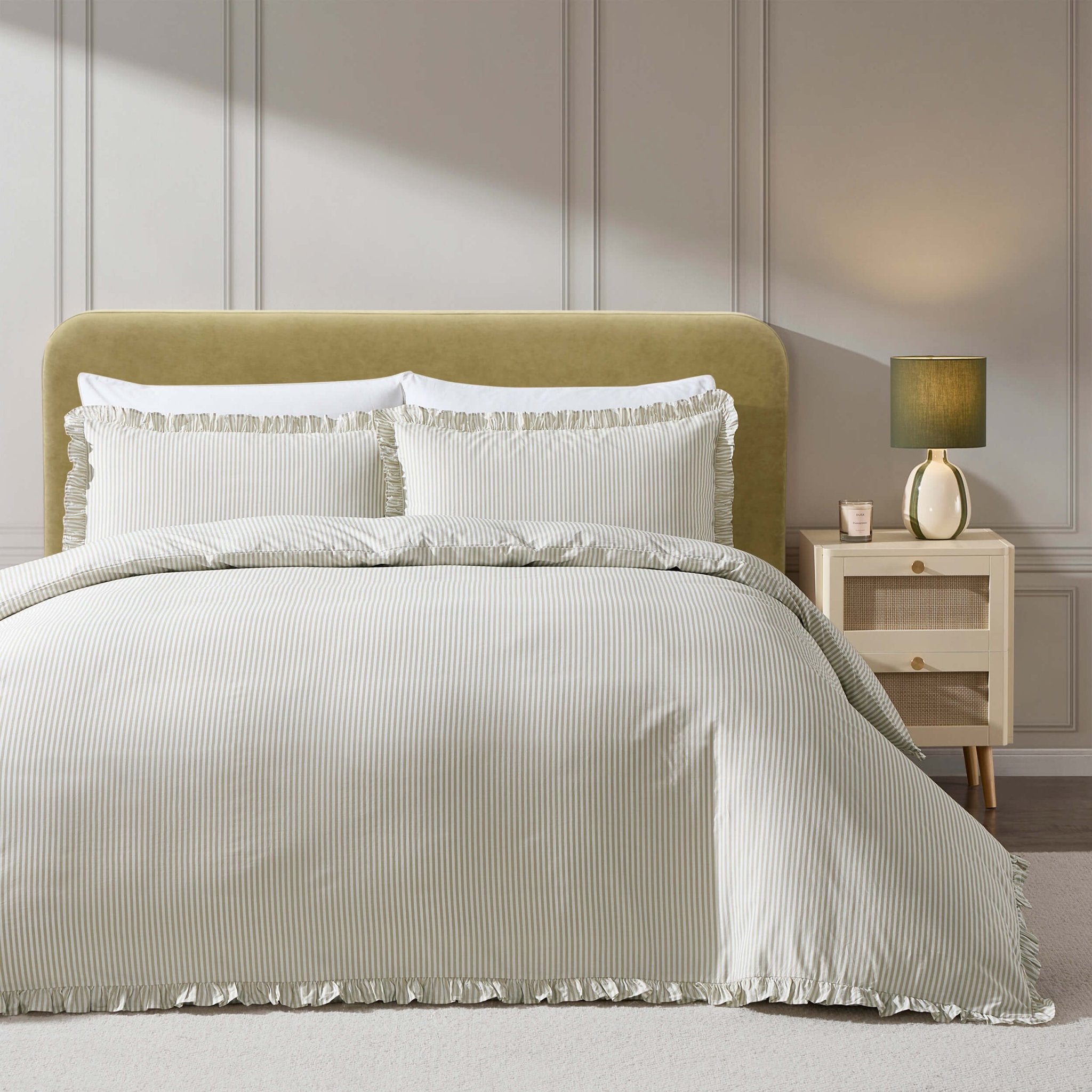 Dusklia - Remy 200 Thread Count Stripe Duvet Cover & Pillowcase Set - Olive